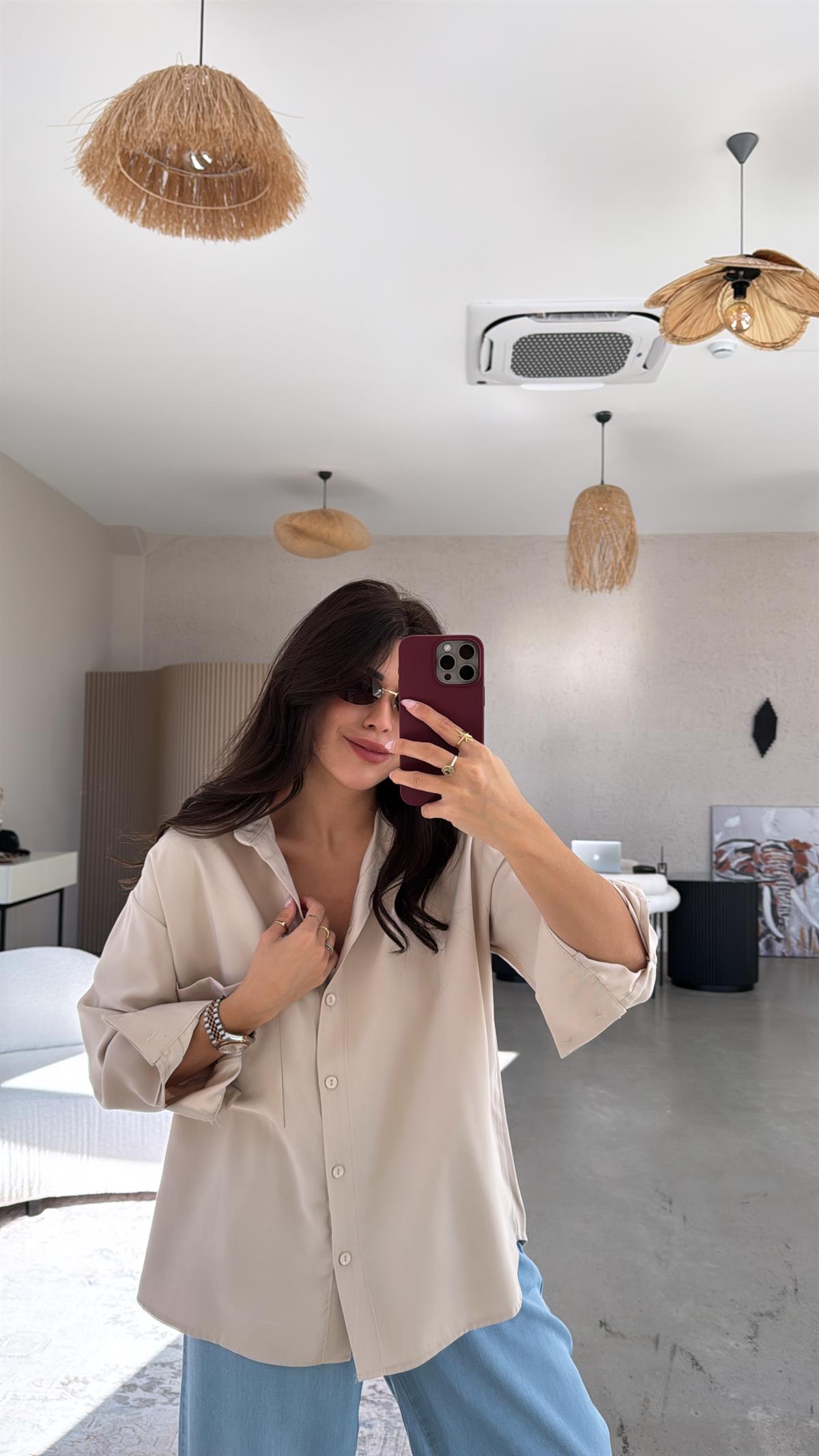 Bej Cepli Tensel Gömlek