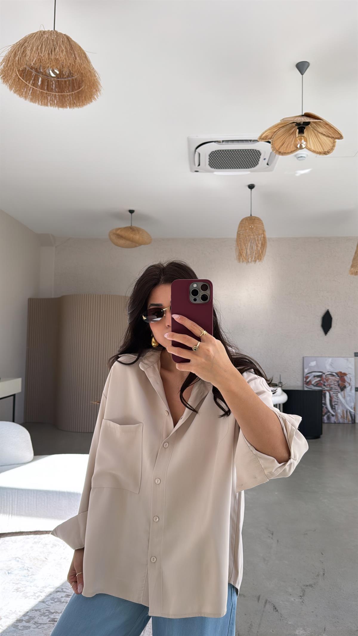 Bej Cepli Tensel Gömlek