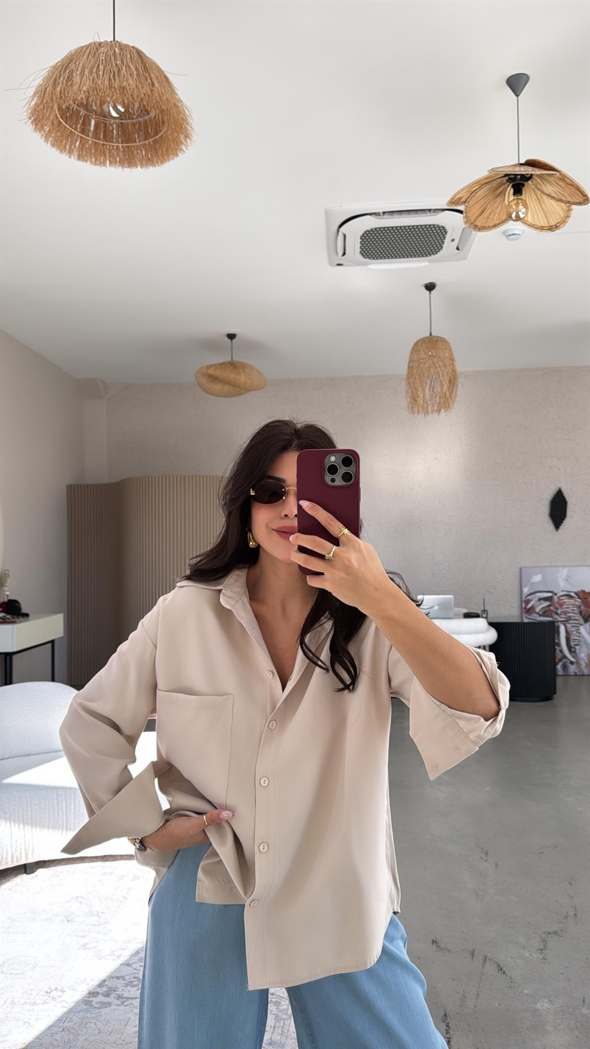 Bej Cepli Tensel Gömlek