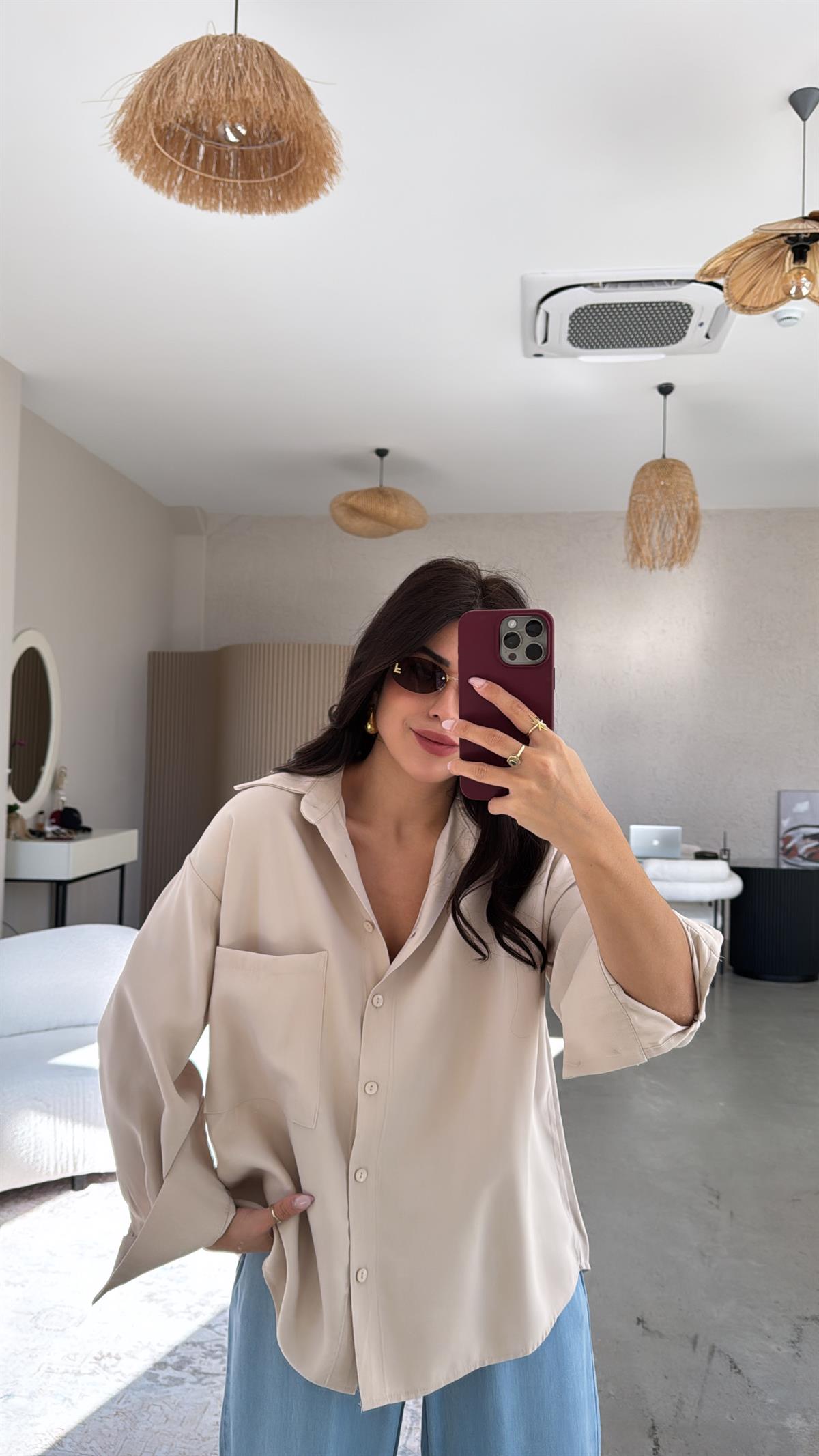 Bej Cepli Tensel Gömlek