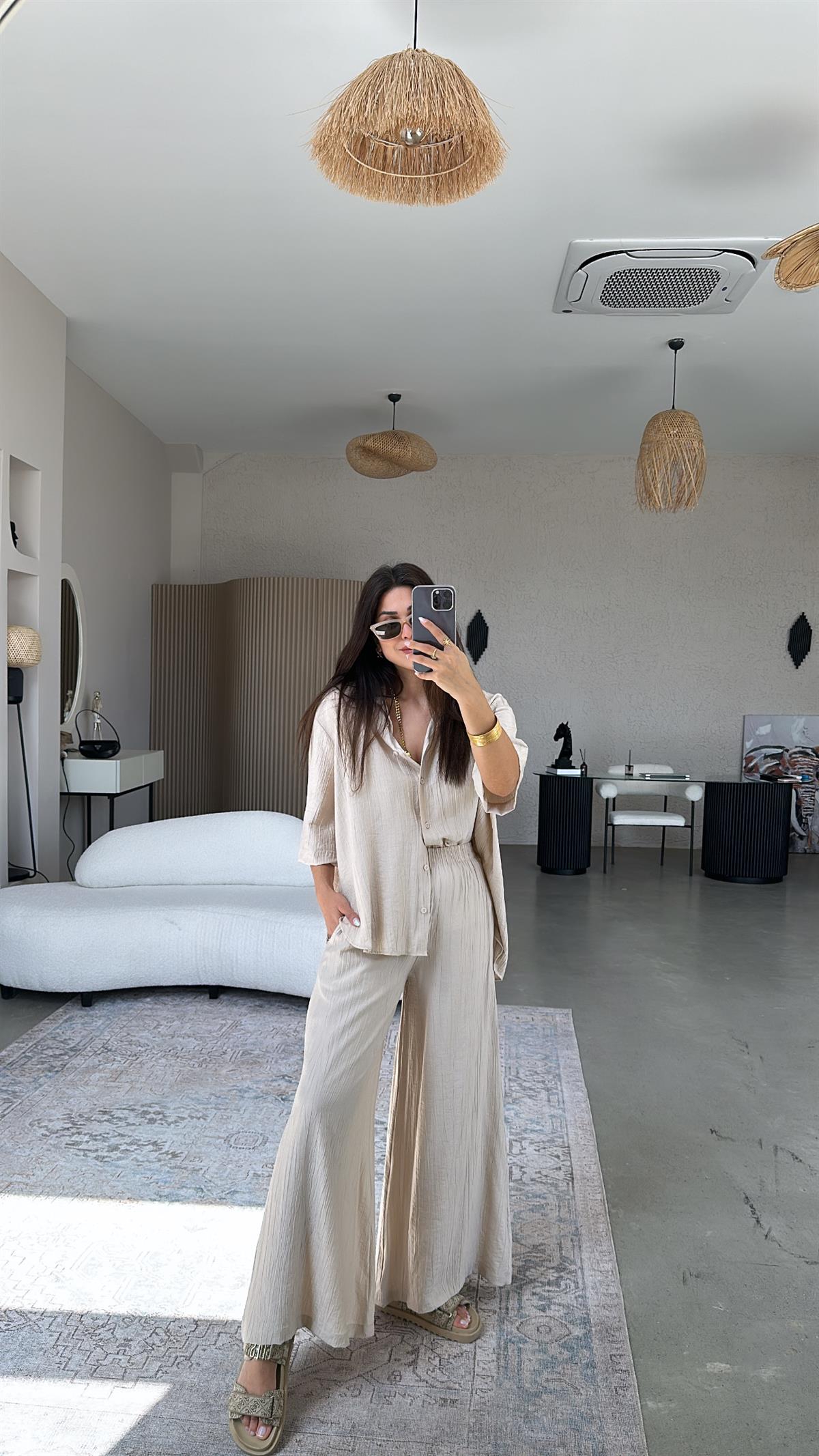 Bej Çilek Bürümcük Gömlek Pantolon Takım