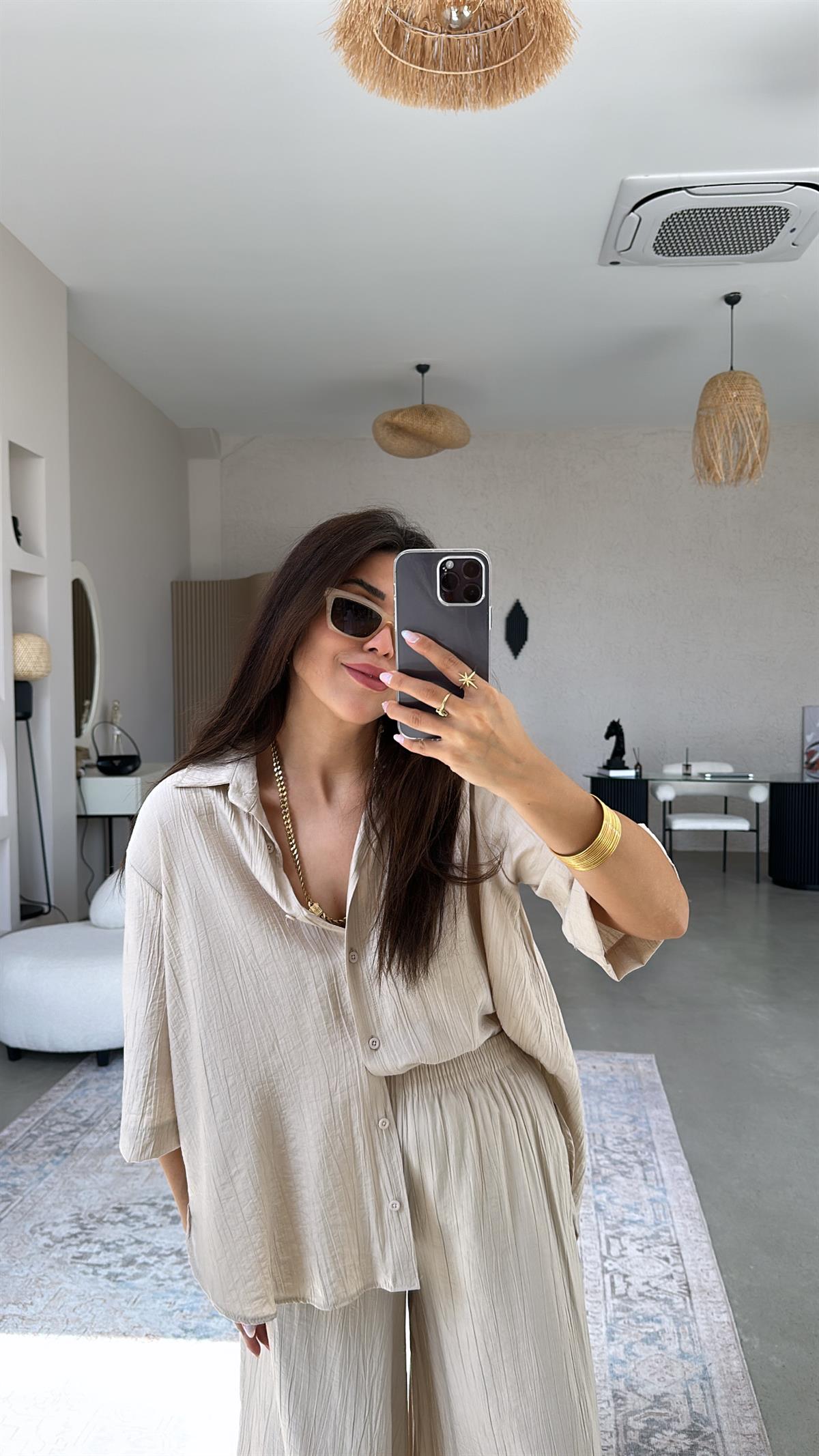 Bej Çilek Bürümcük Gömlek Pantolon Takım