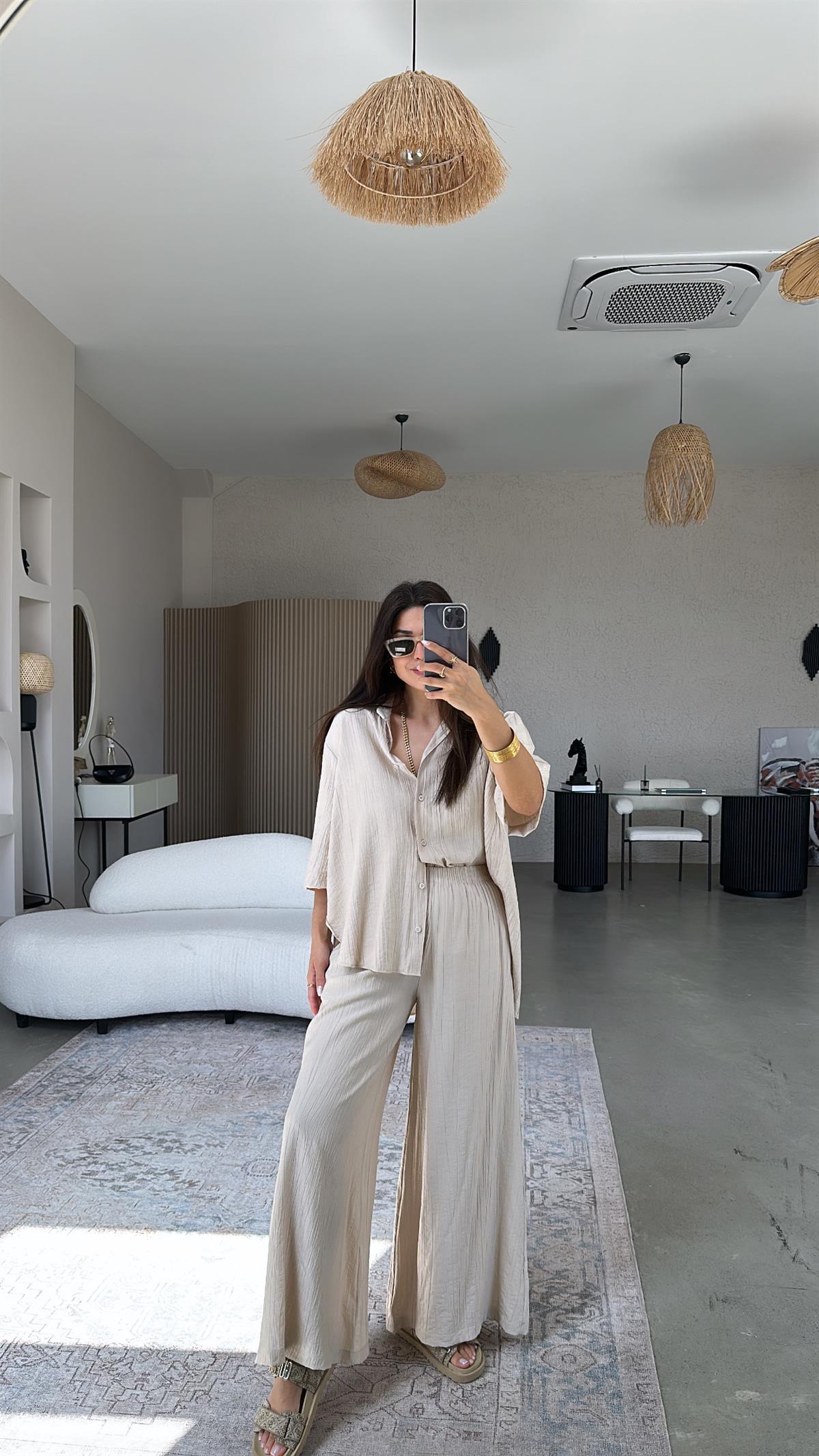 Bej Çilek Bürümcük Gömlek Pantolon Takım