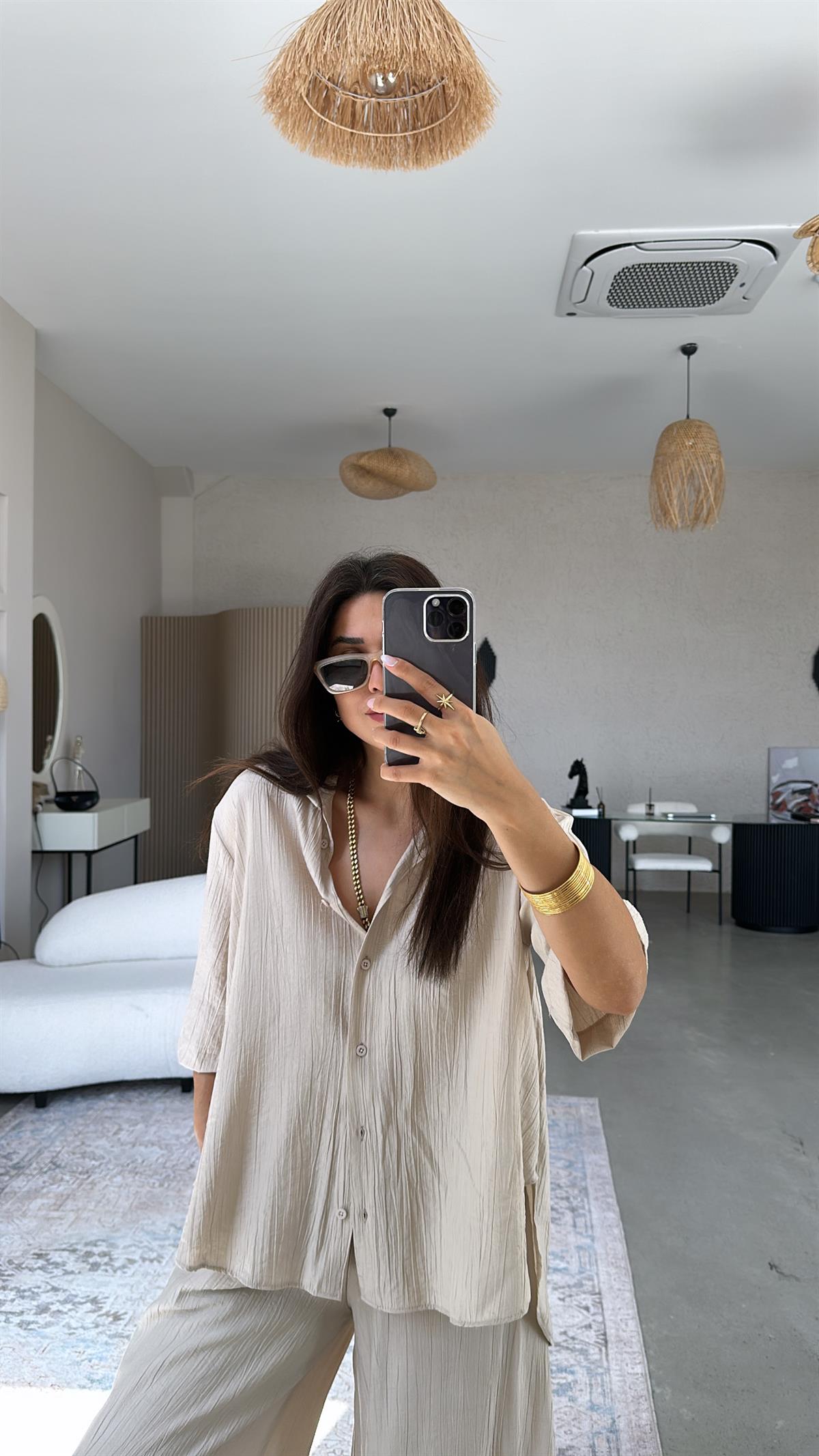 Bej Çilek Bürümcük Gömlek Pantolon Takım