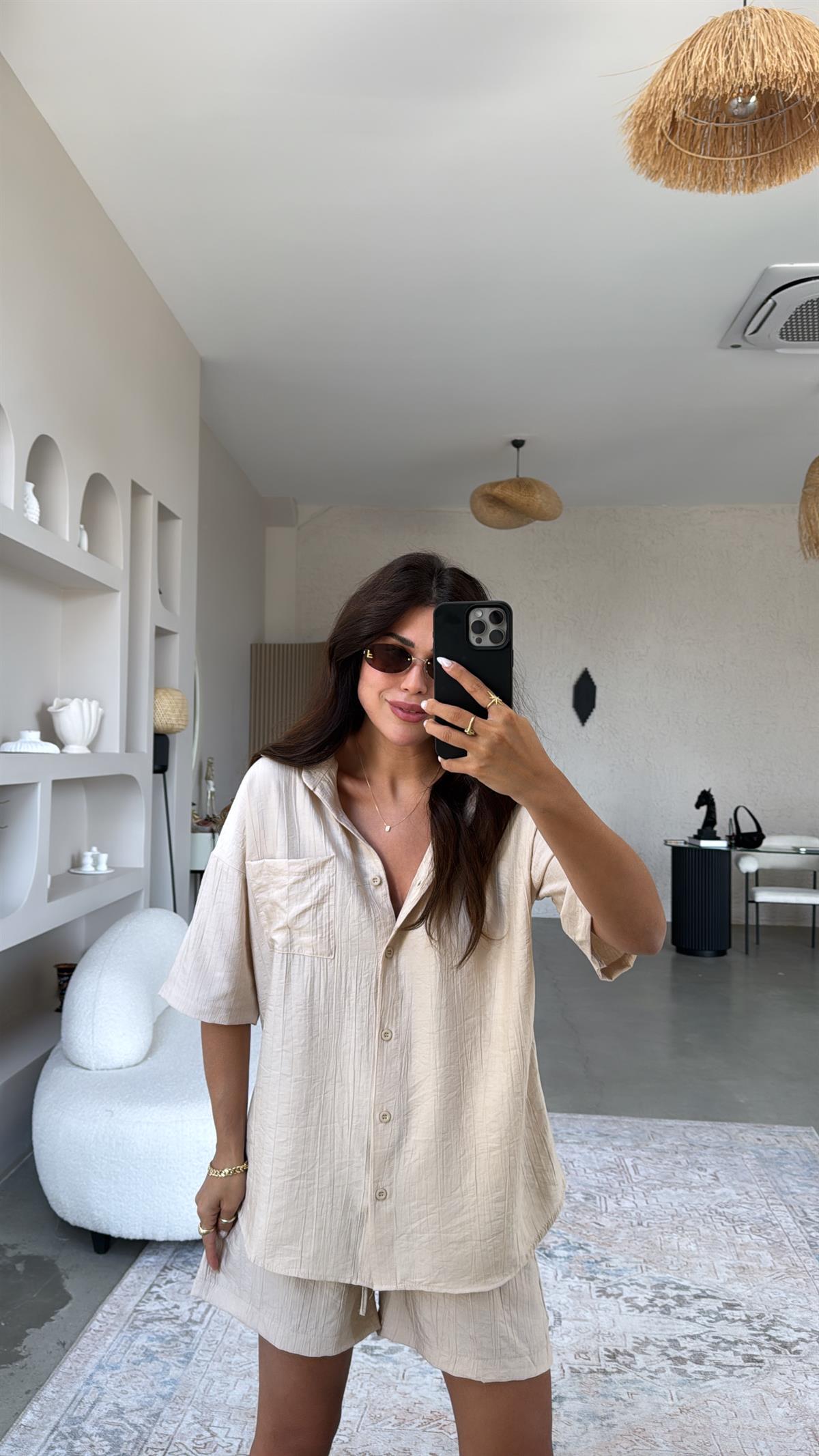 Bej Çilek Kumaş Şort Gömlek Takım