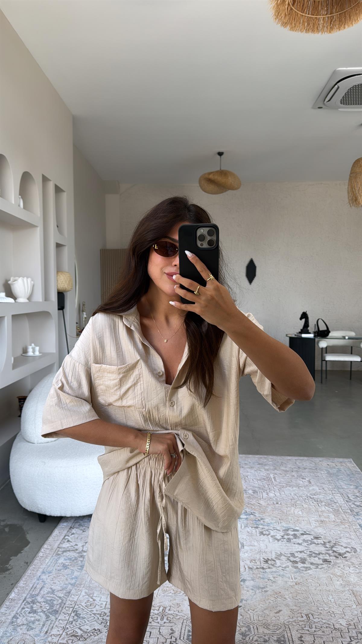 Bej Çilek Kumaş Şort Gömlek Takım