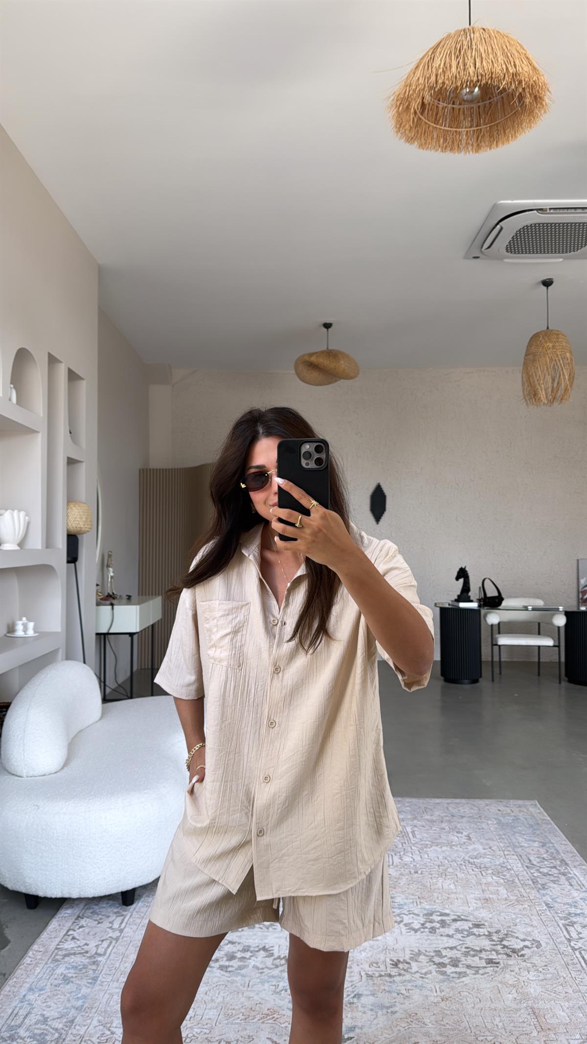 Bej Çilek Kumaş Şort Gömlek Takım