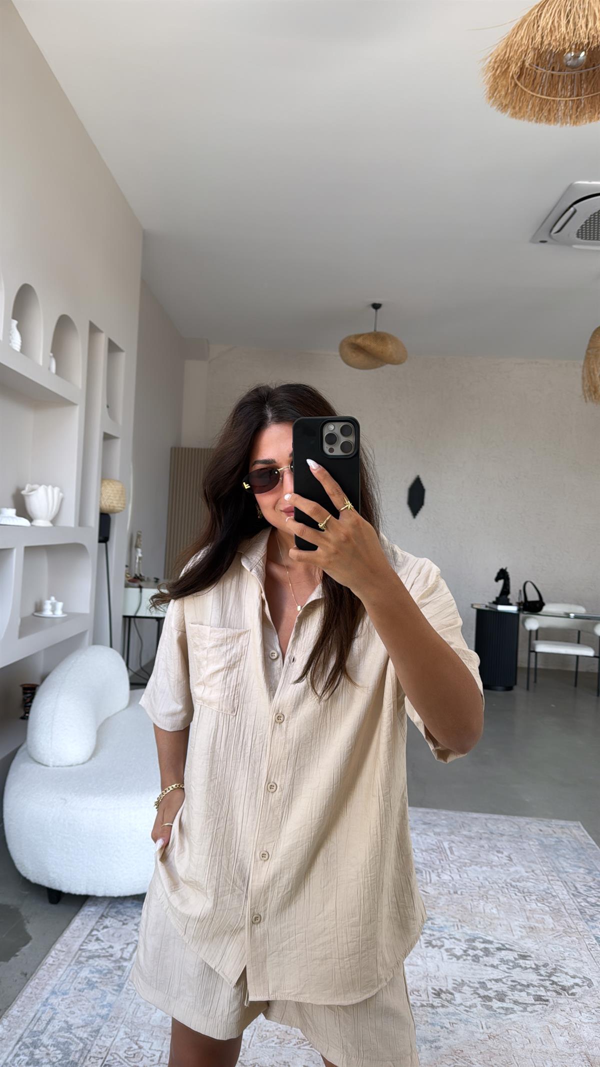 Bej Çilek Kumaş Şort Gömlek Takım