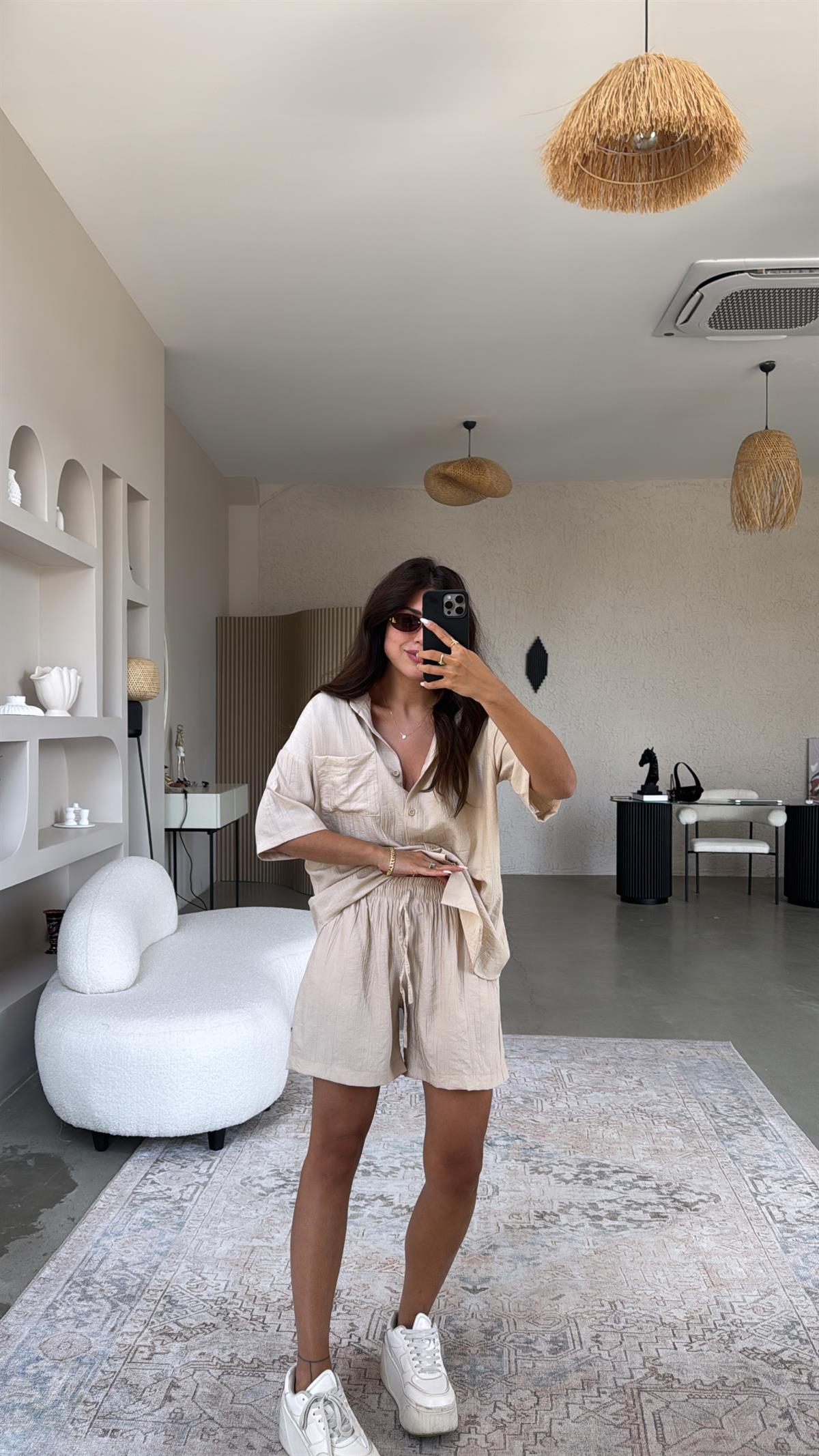 Bej Çilek Kumaş Şort Gömlek Takım