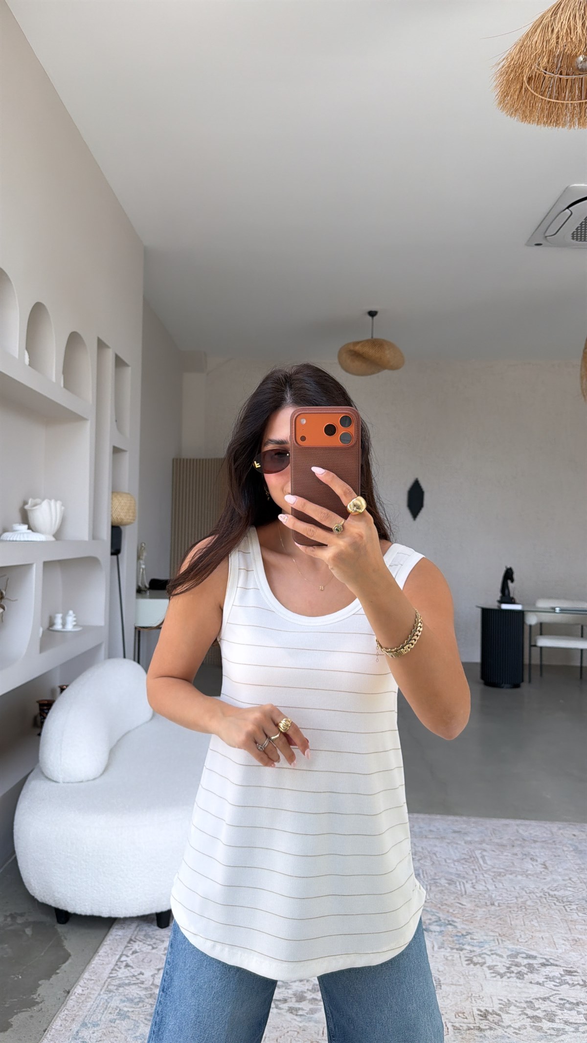 Bej Çizgili Fitilli Oval Bitişli Uzun Atlet