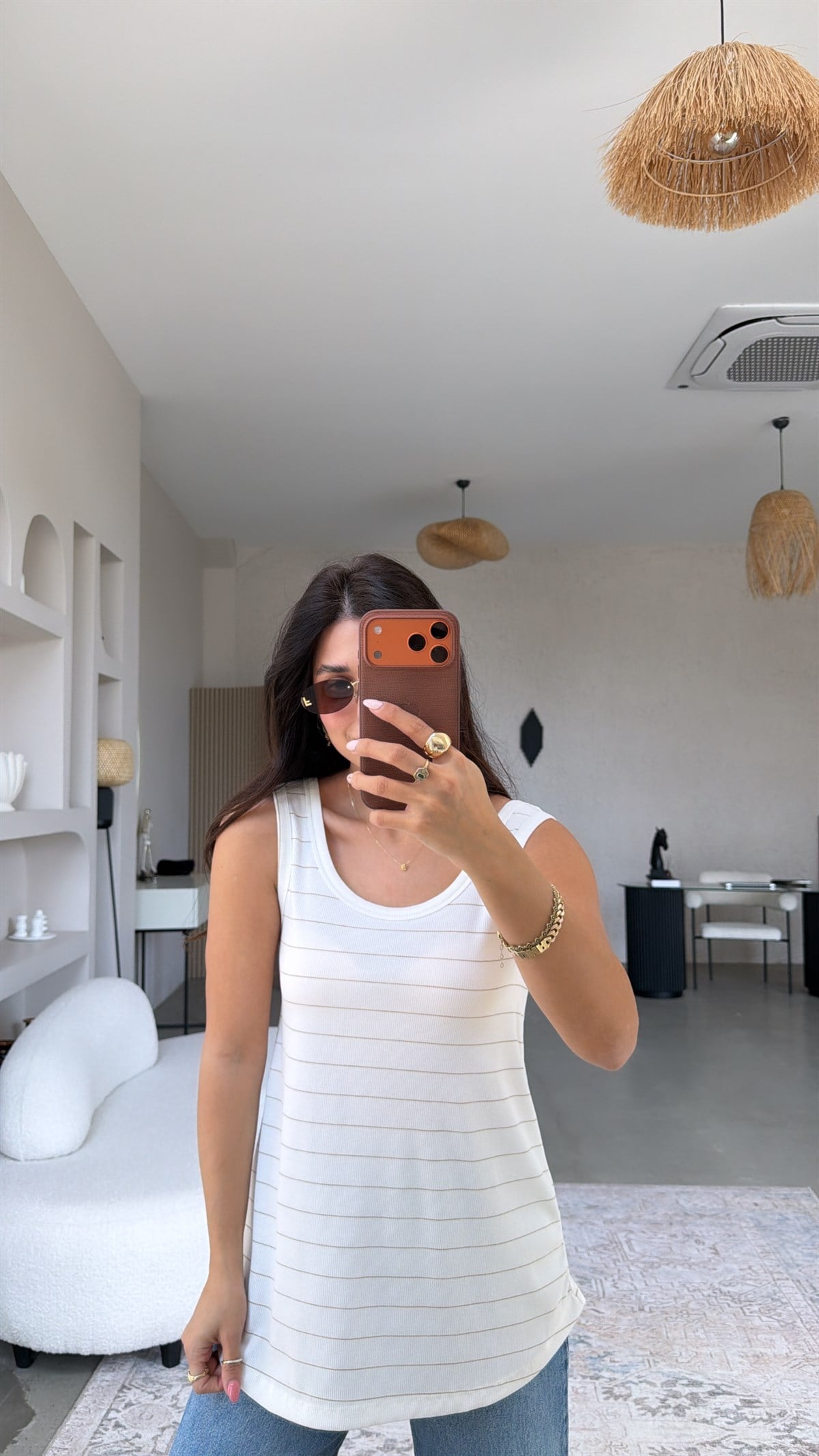 Bej Çizgili Fitilli Oval Bitişli Uzun Atlet