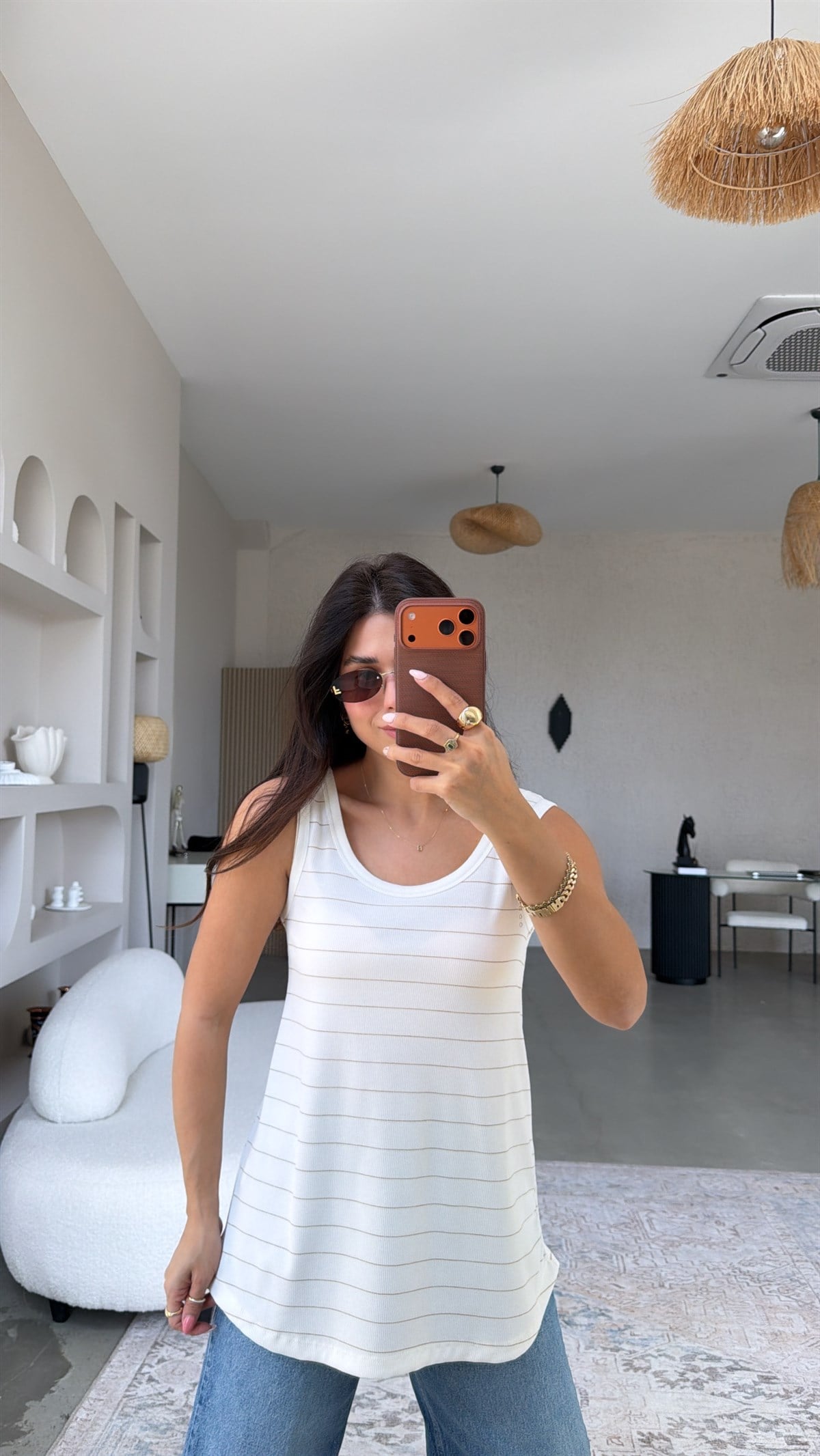 Bej Çizgili Fitilli Oval Bitişli Uzun Atlet