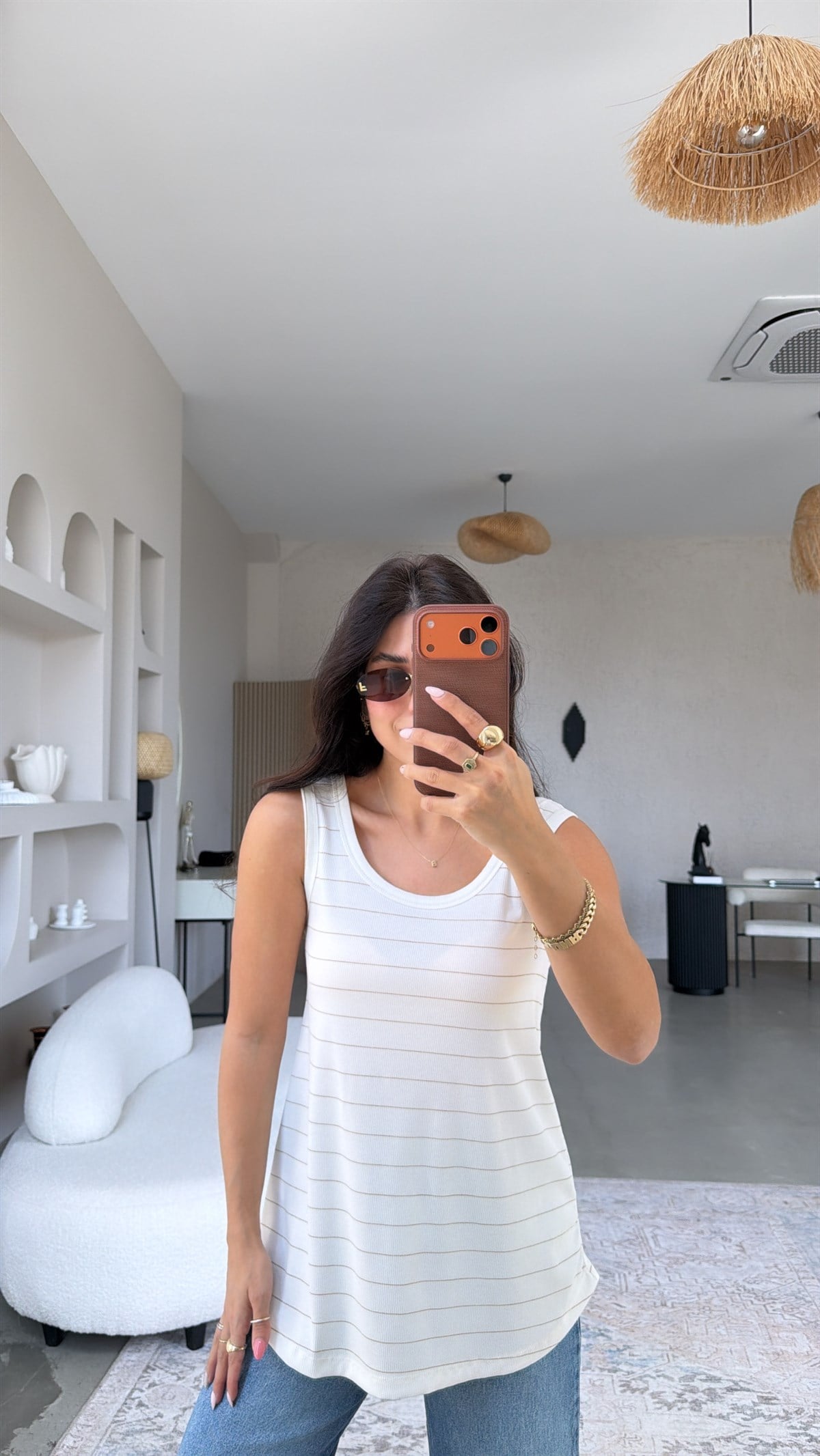 Bej Çizgili Fitilli Oval Bitişli Uzun Atlet