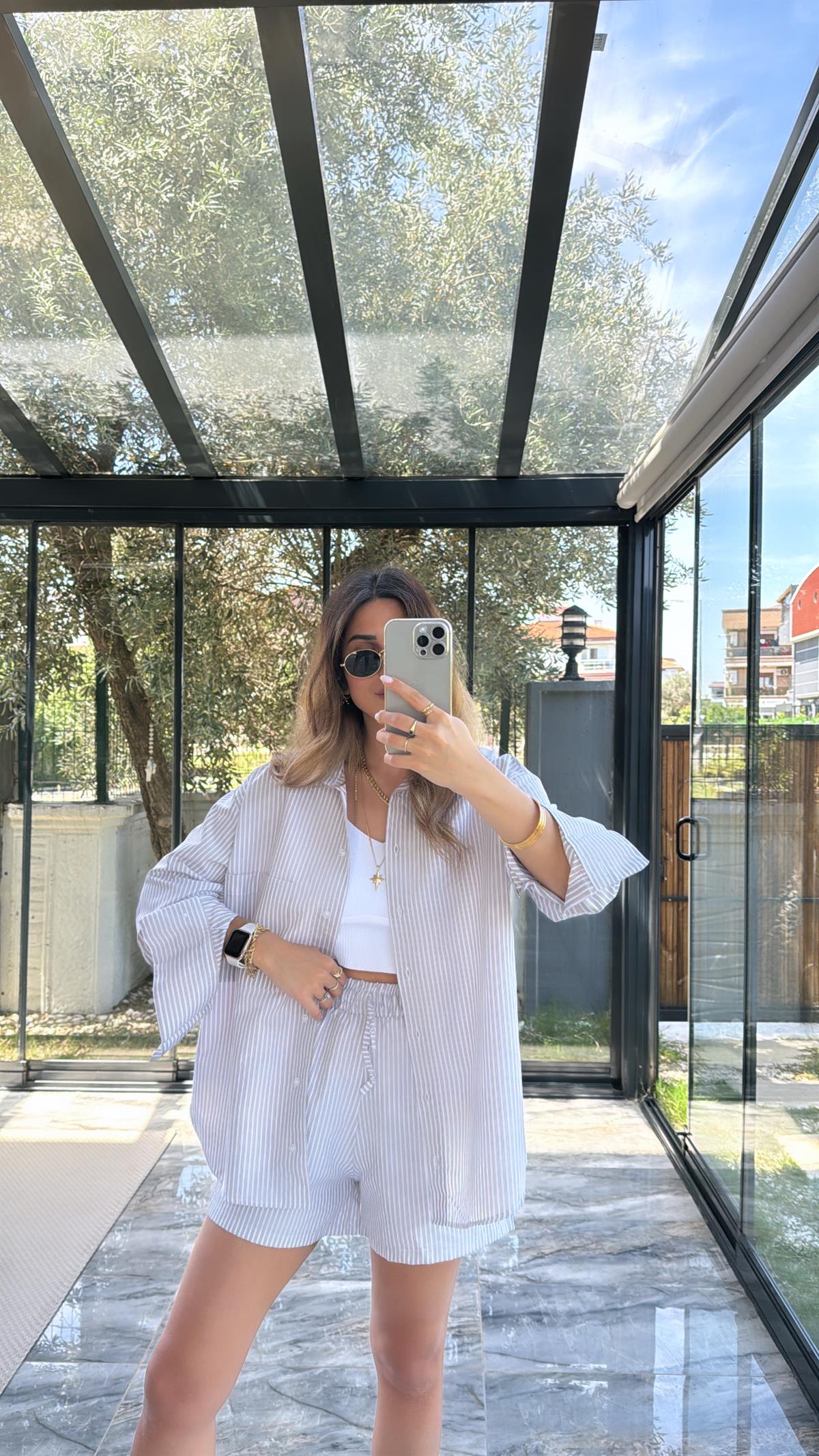 Bej Çizgili Poplin Şortlu Takım