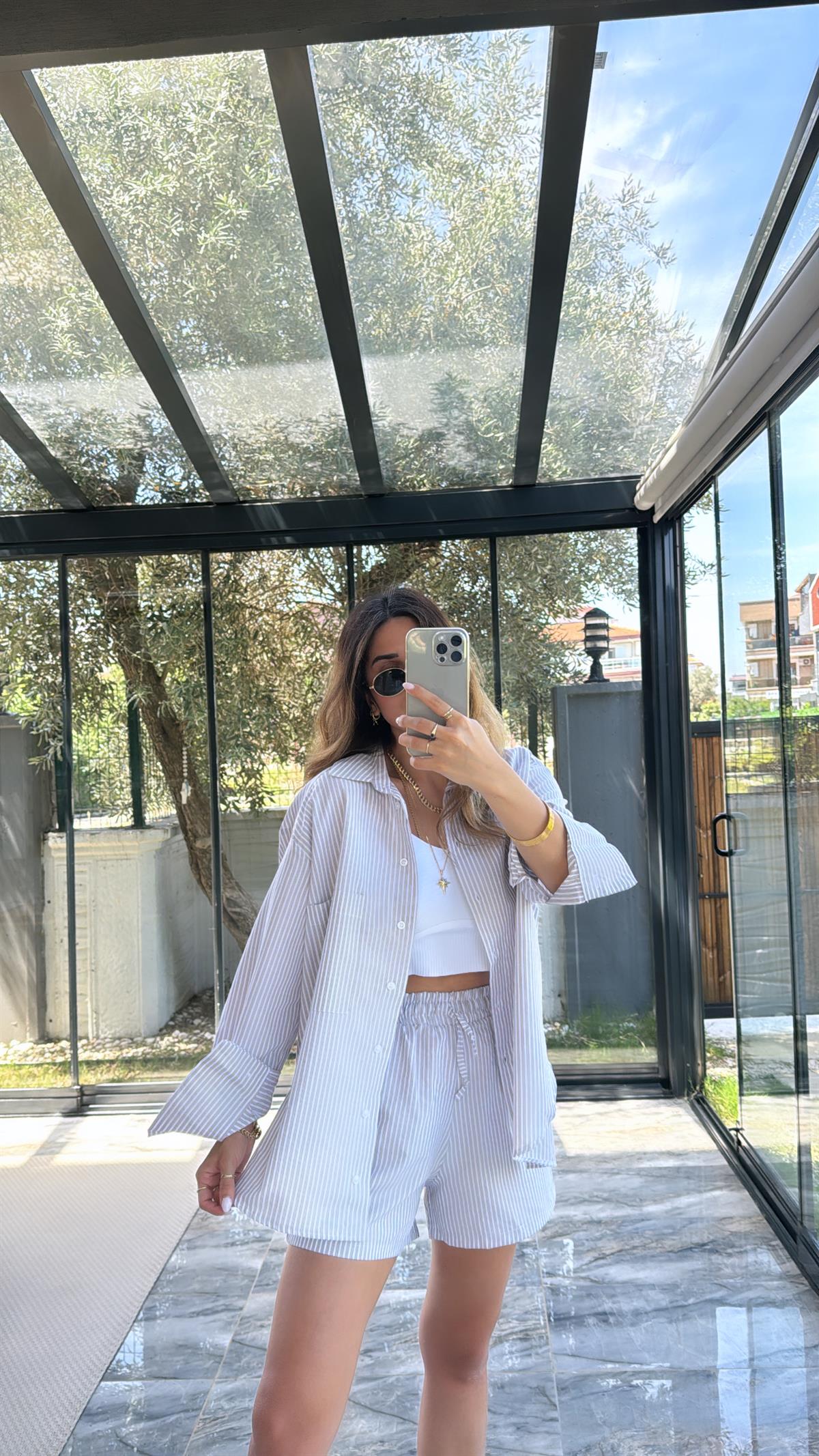 Bej Çizgili Poplin Şortlu Takım