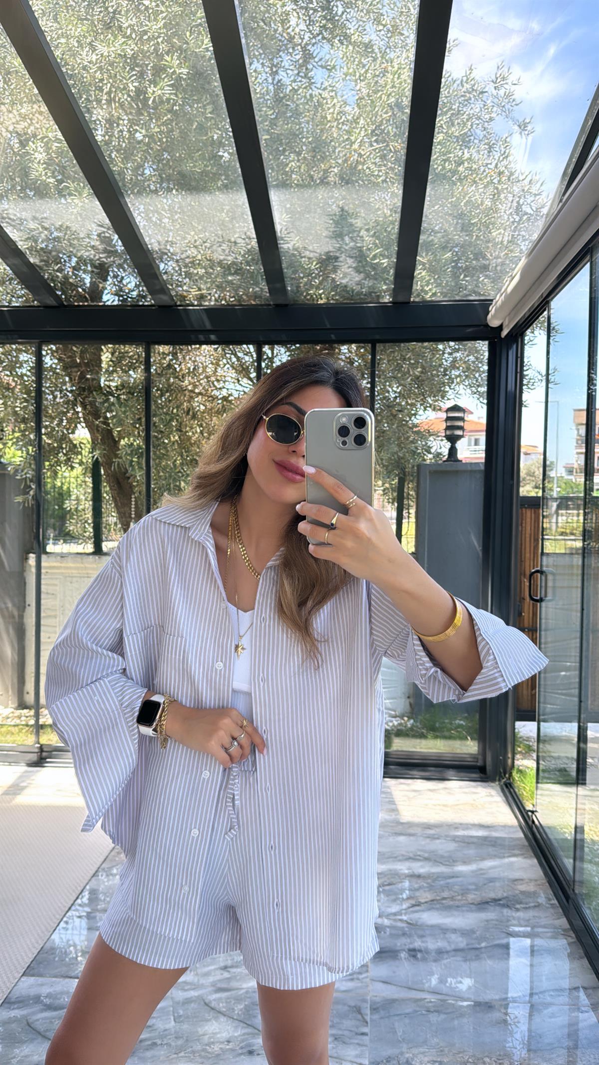 Bej Çizgili Poplin Şortlu Takım