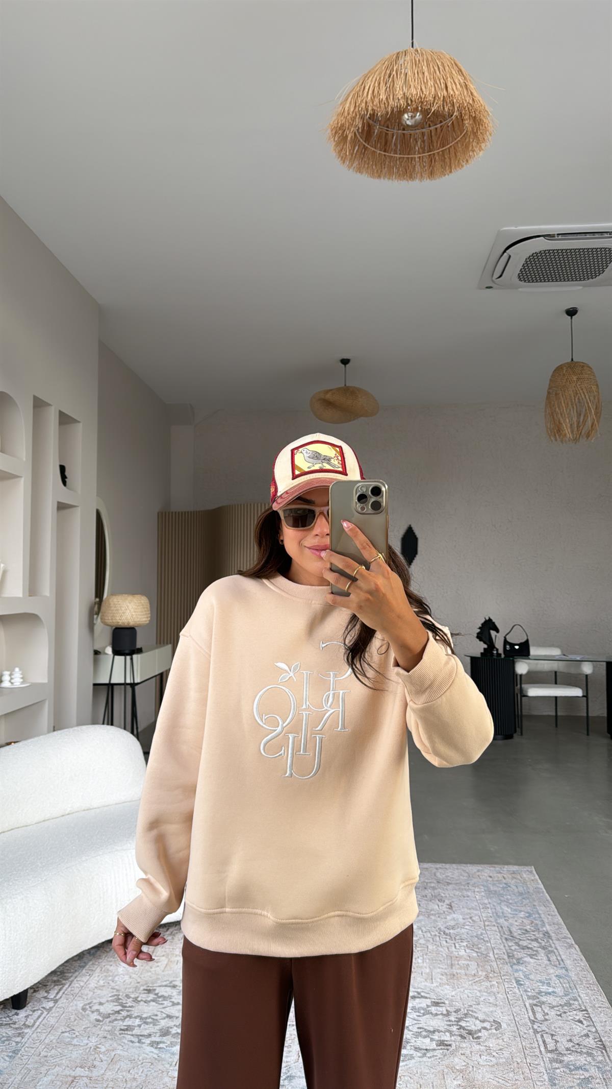 Bej Curious Nakışlı Şardonlu Sweatshirt