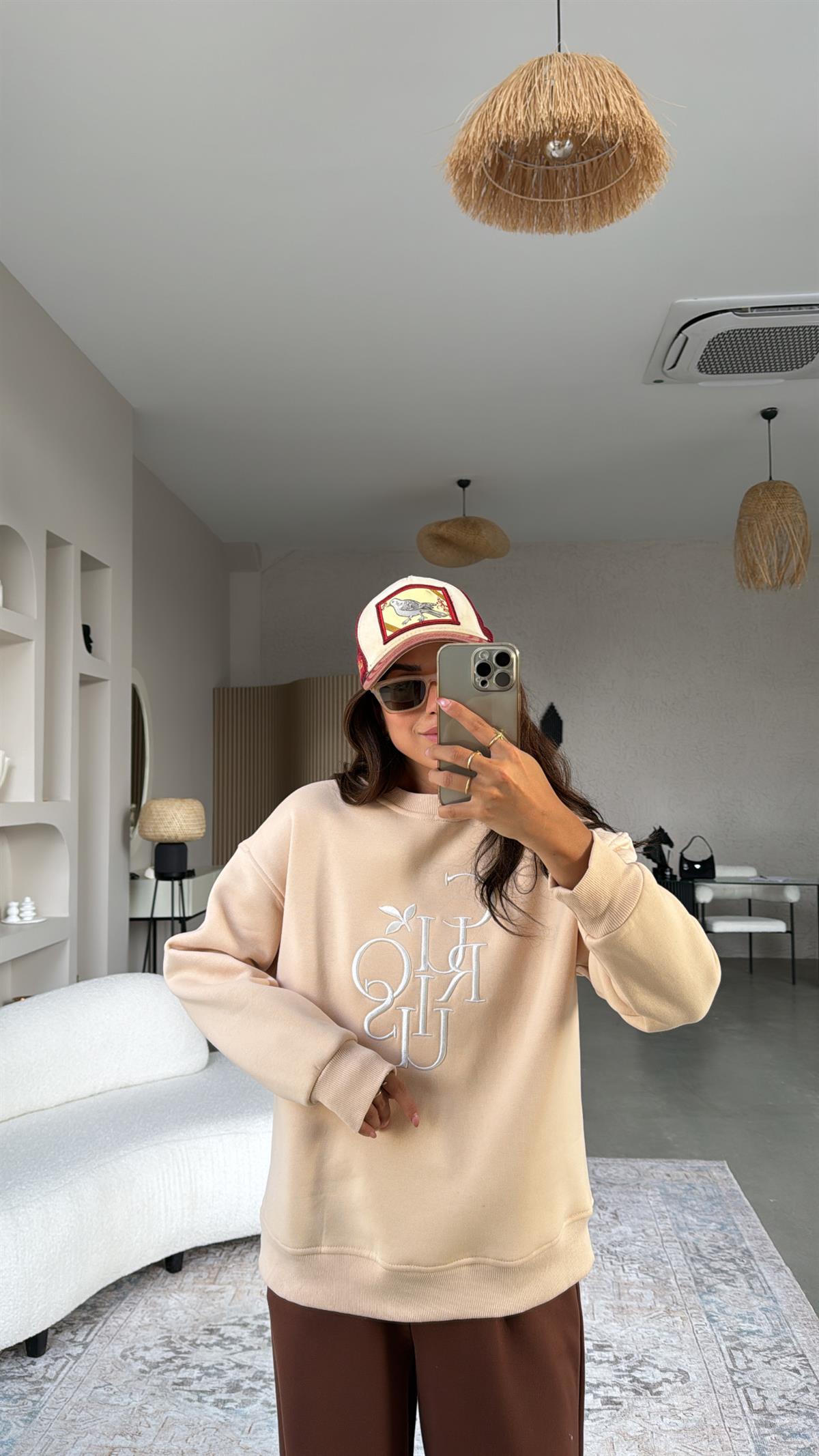 Bej Curious Nakışlı Şardonlu Sweatshirt