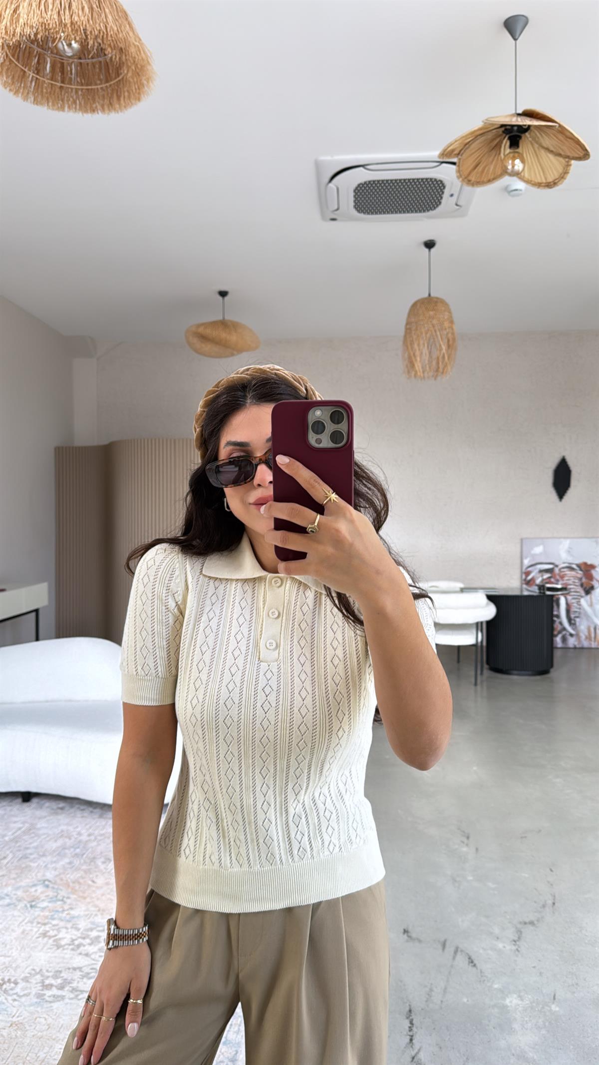 Bej Delikli Polo Yaka Baharlık Triko Bluz