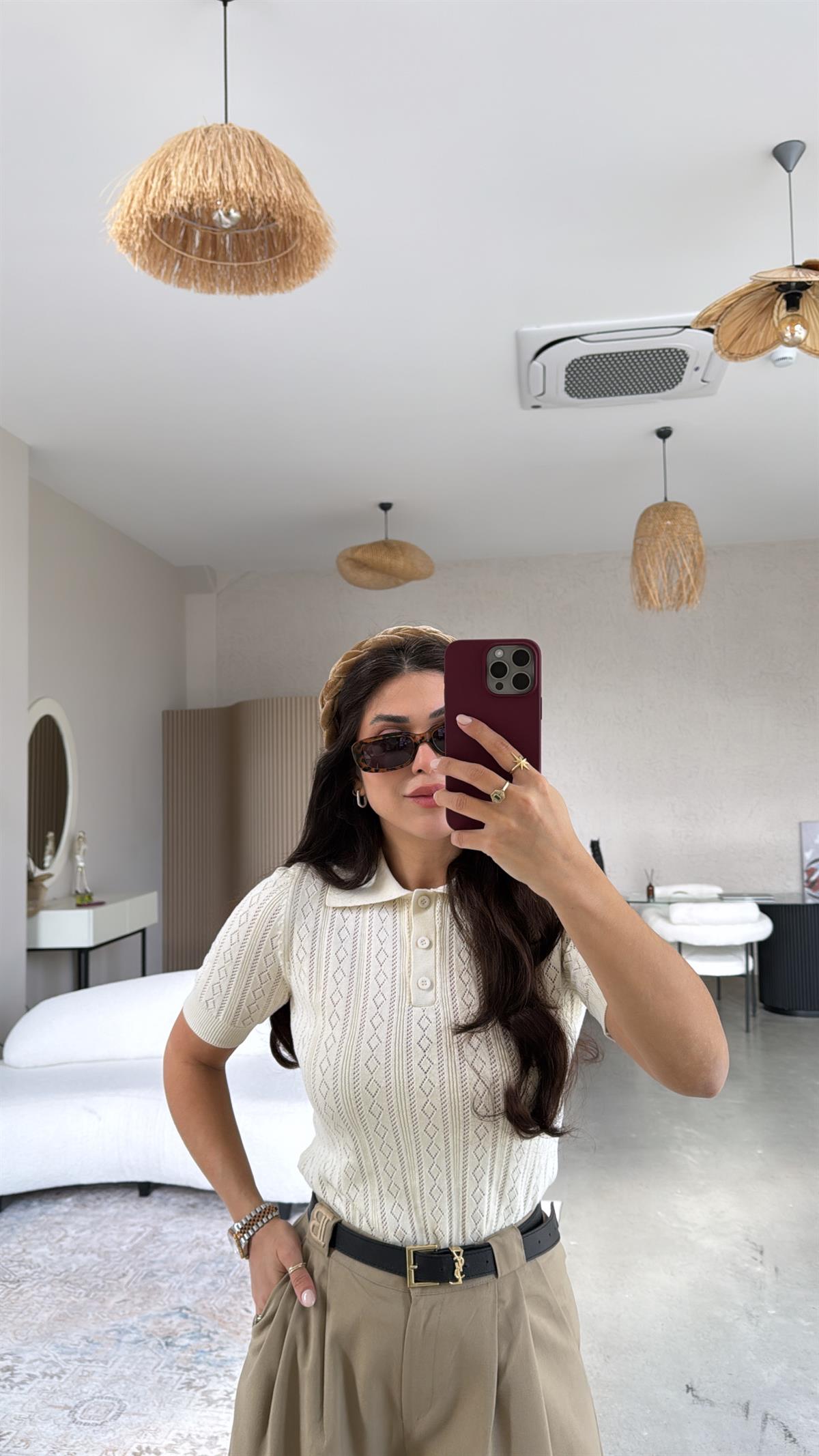 Bej Delikli Polo Yaka Baharlık Triko Bluz