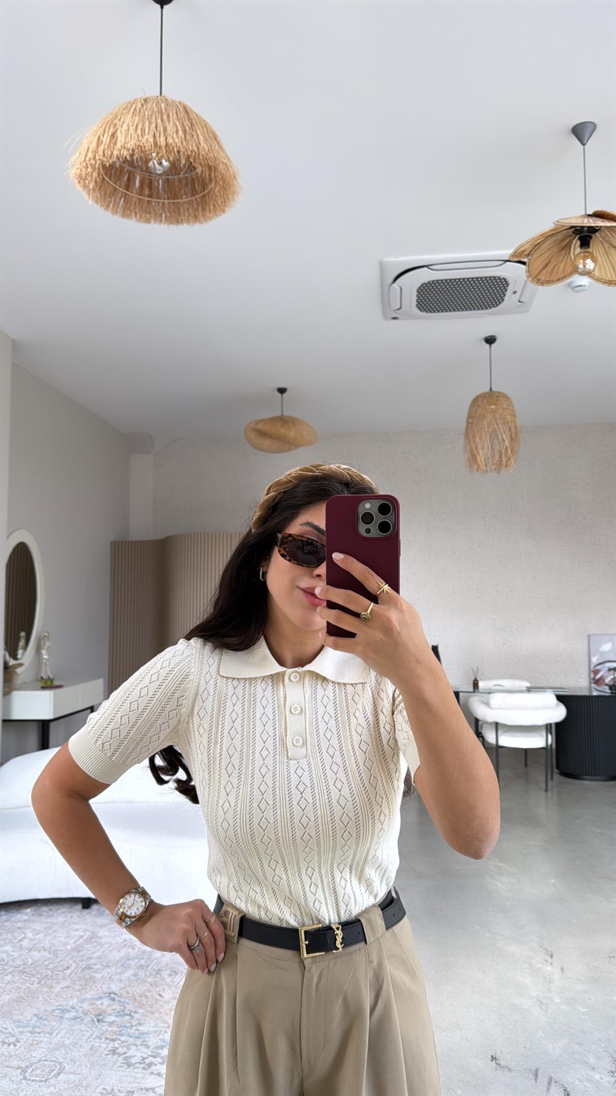 Bej Delikli Polo Yaka Baharlık Triko Bluz