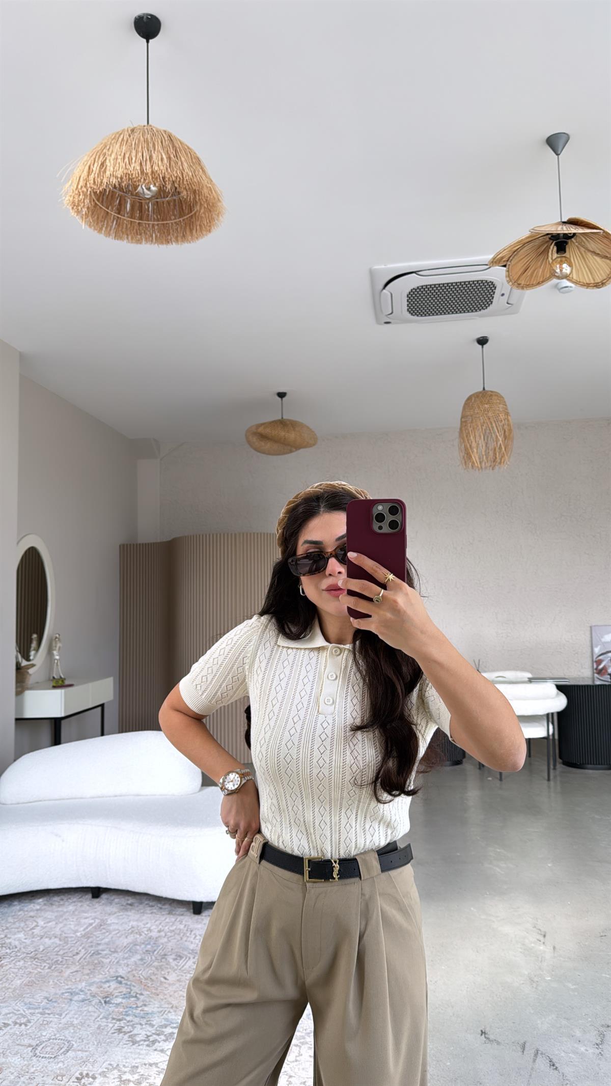 Bej Delikli Polo Yaka Baharlık Triko Bluz