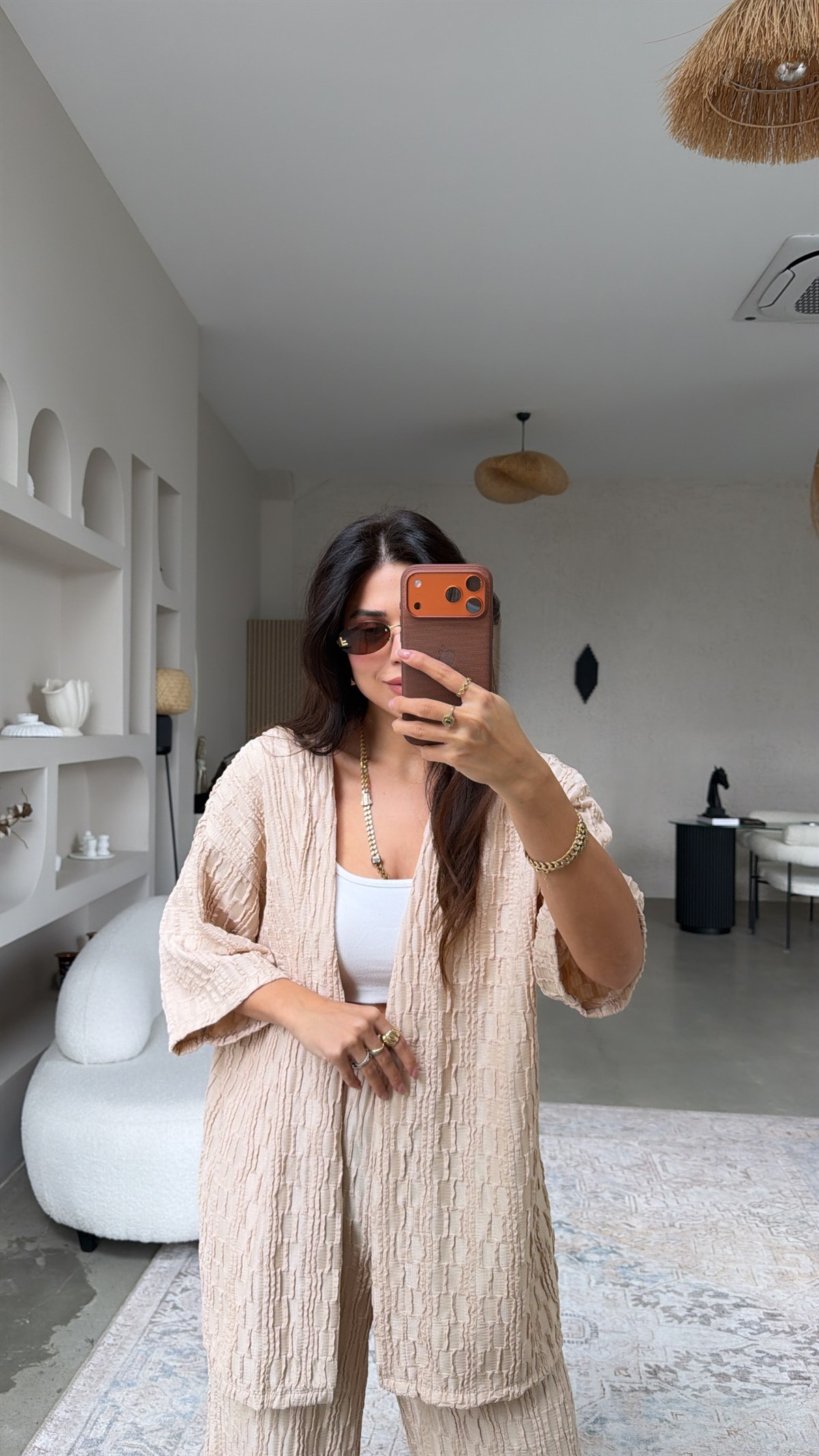 Bej Dokulu Ceketli Takım