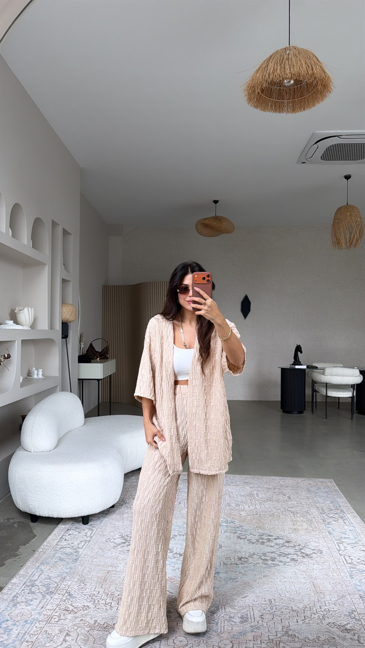 Bej Dokulu Ceketli Takım