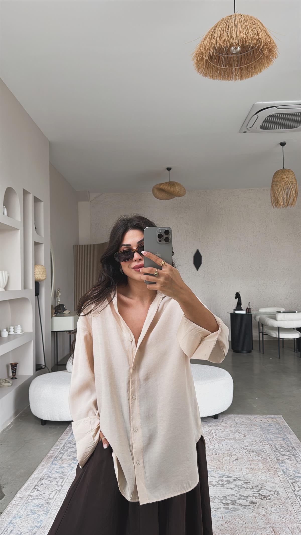 Bej Dokuma Modal Gömlek