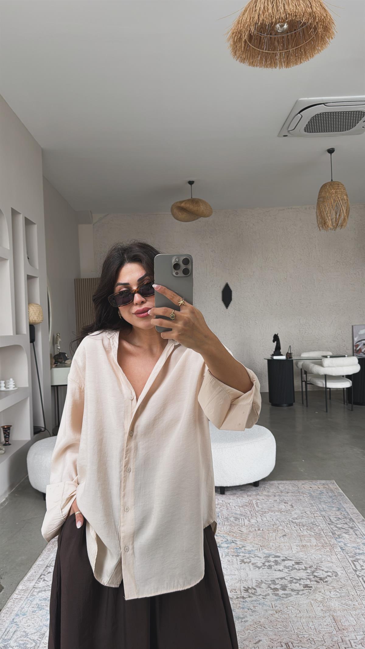 Bej Dokuma Modal Gömlek