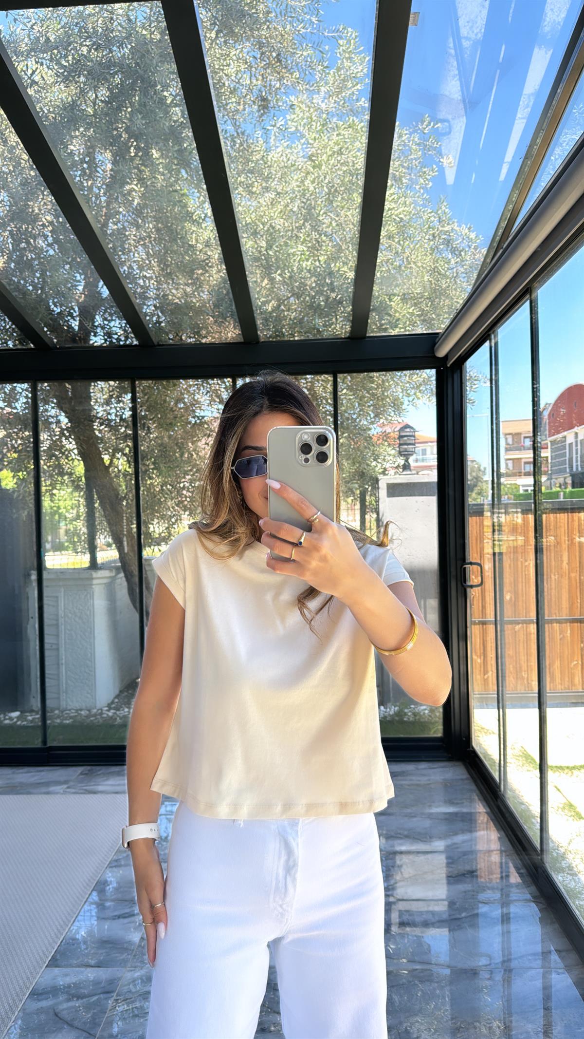 Bej Duble Kol Basic Tshirt