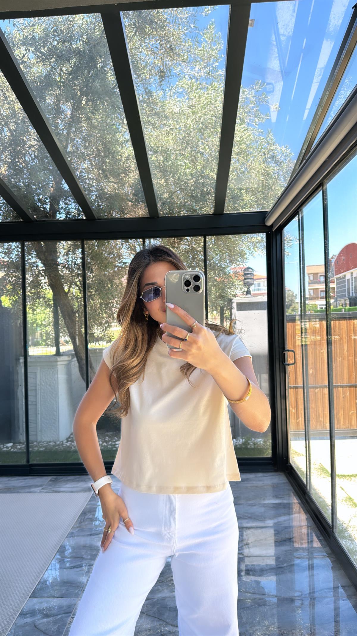 Bej Duble Kol Basic Tshirt