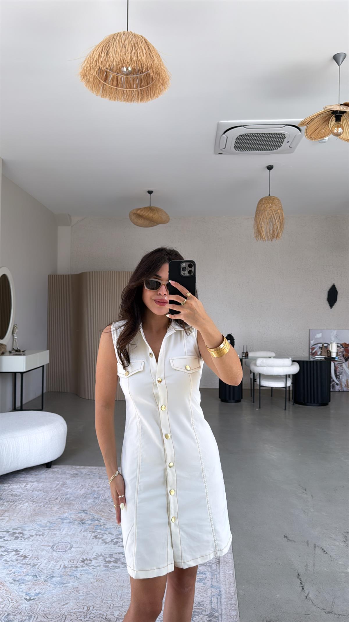 Ekru Düğmeli Likralı Yakalı Denim Elbise