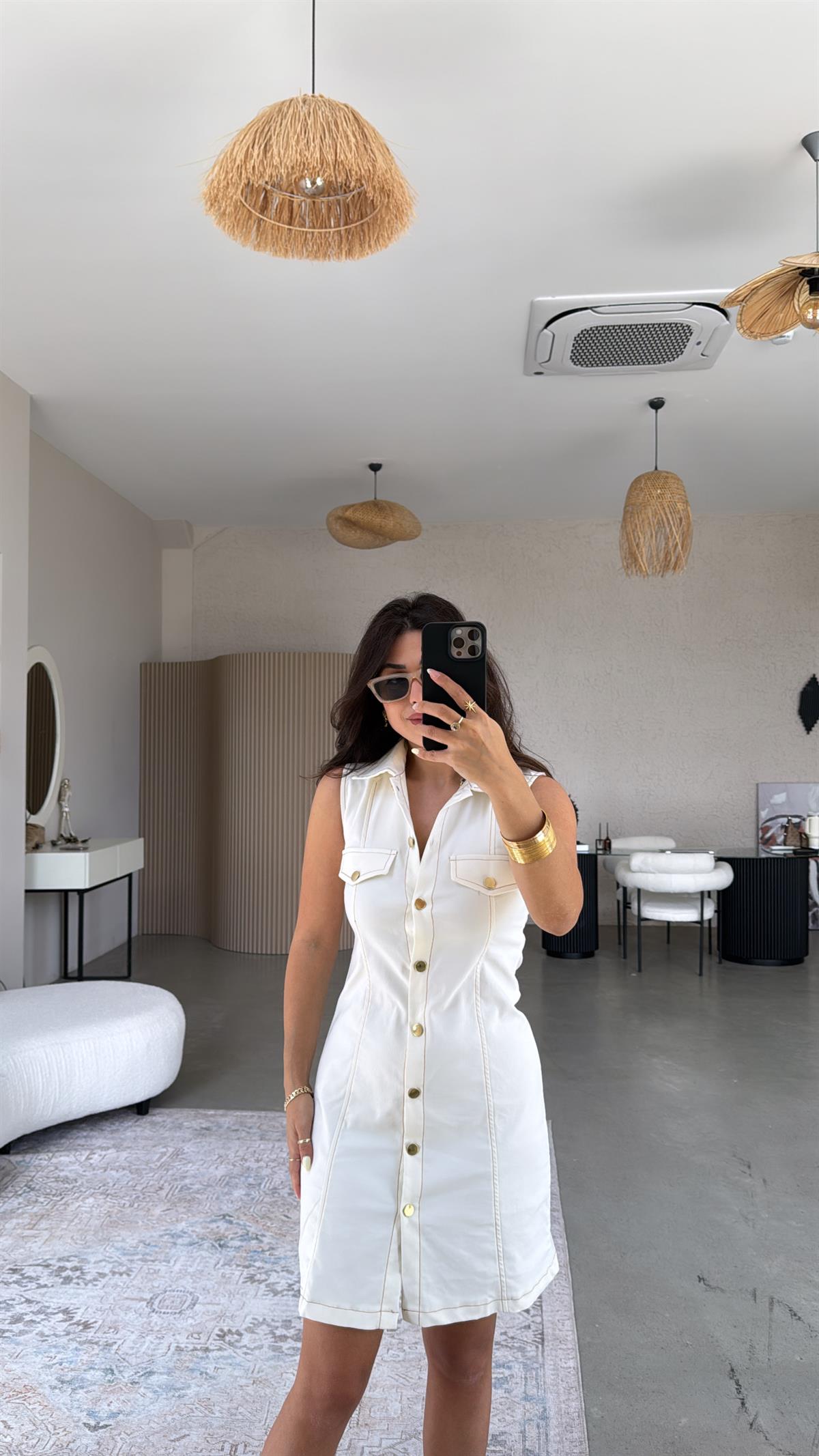 Ekru Düğmeli Likralı Yakalı Denim Elbise