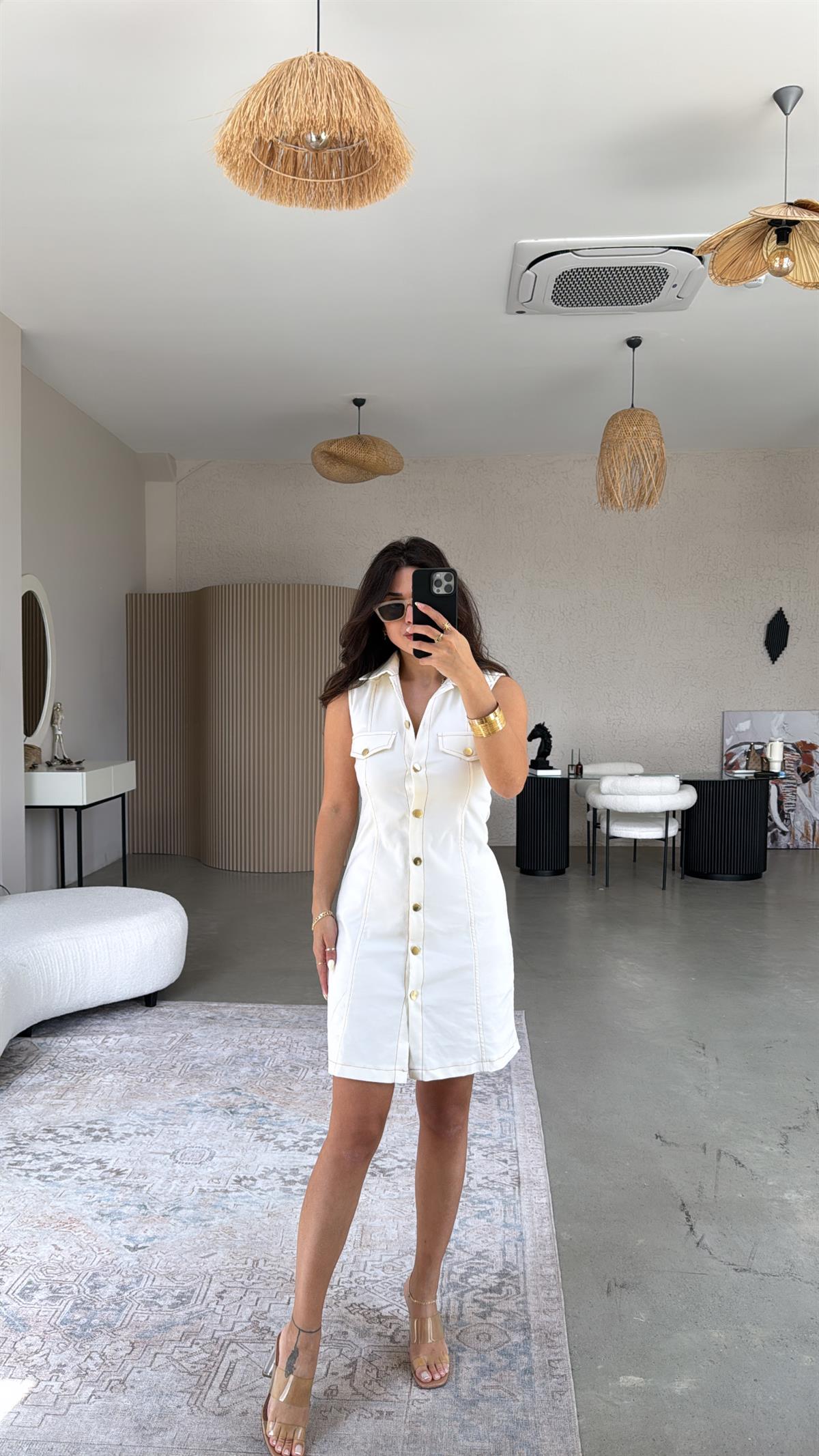 Ekru Düğmeli Likralı Yakalı Denim Elbise