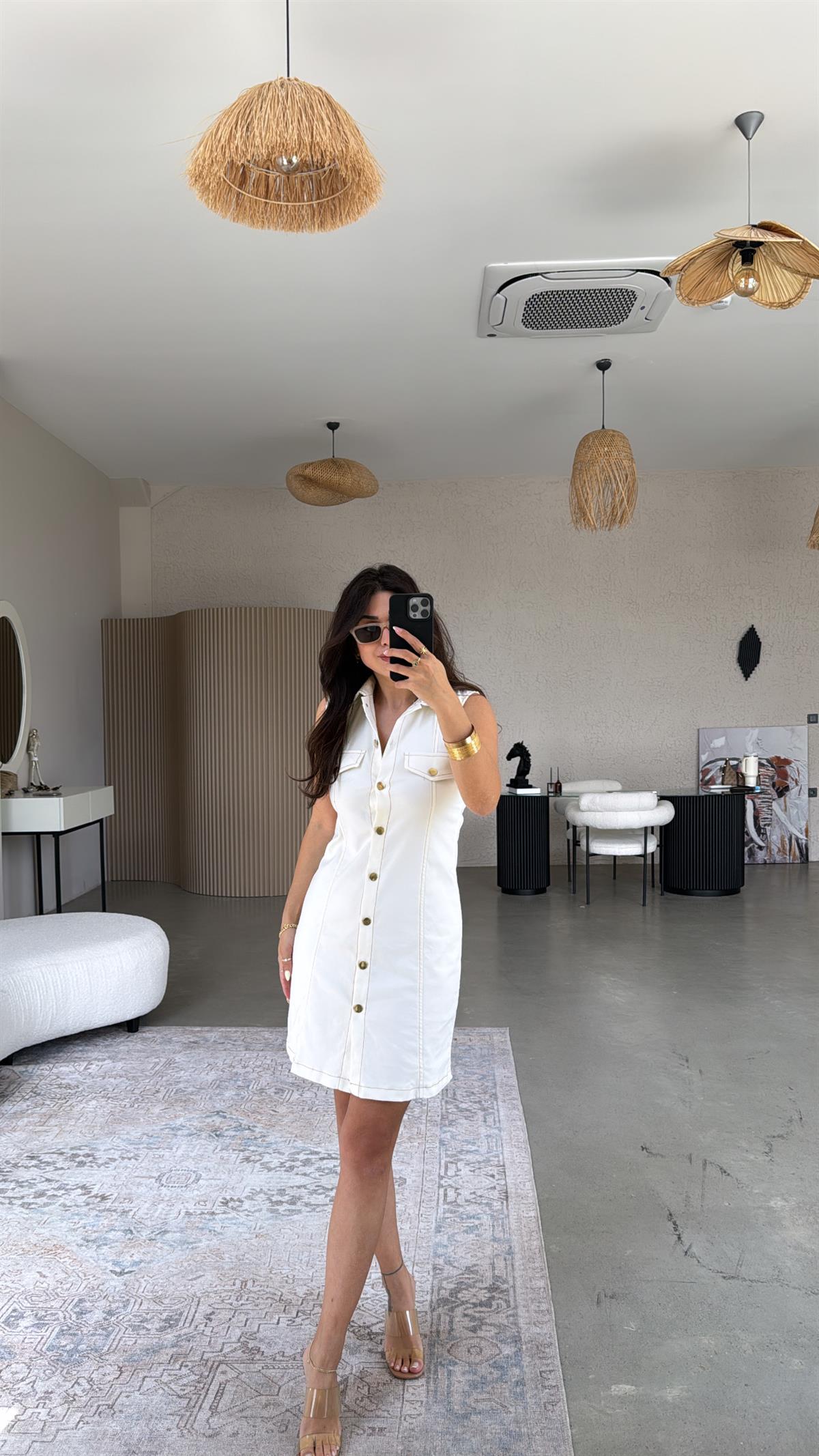 Ekru Düğmeli Likralı Yakalı Denim Elbise