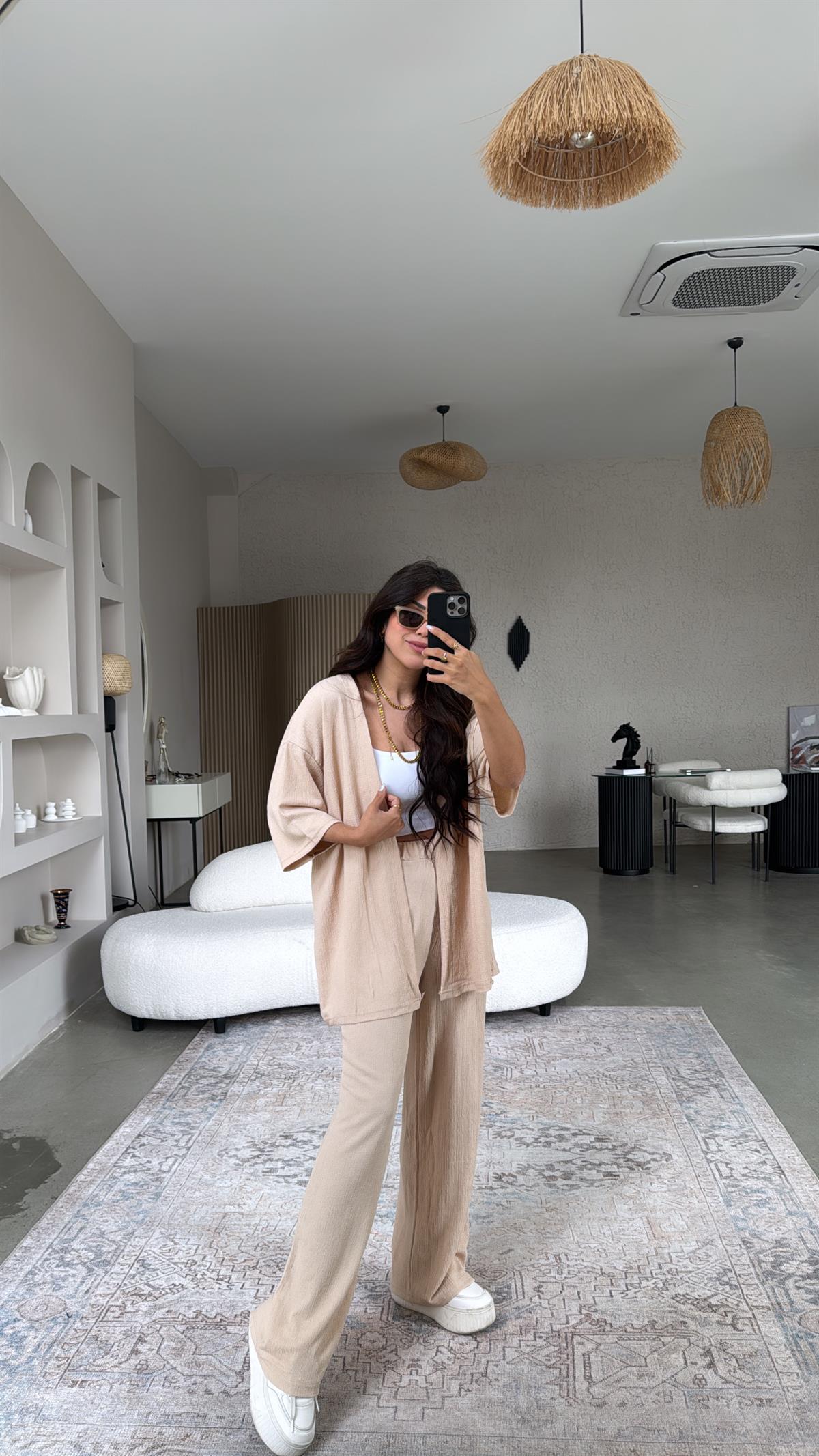 Bej Düz Bürümcük Ceketli Takım