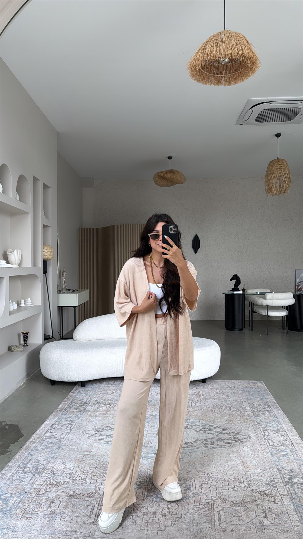 Bej Düz Bürümcük Ceketli Takım