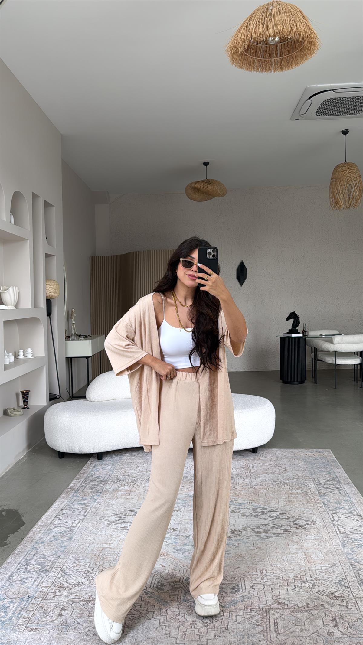 Bej Düz Bürümcük Ceketli Takım