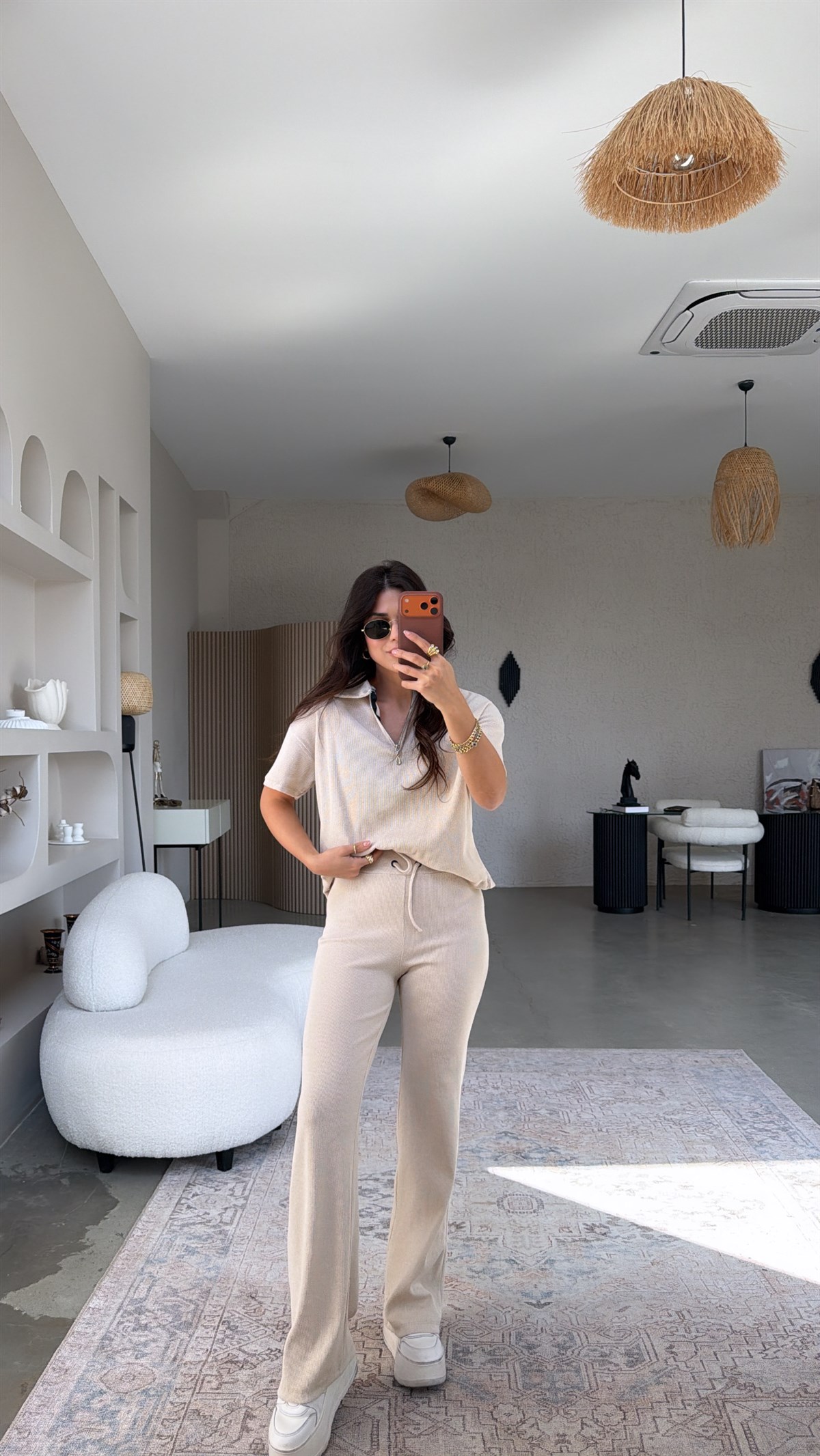 Bej Fitilli Fermuarlı Kısa Kol Basic Takım