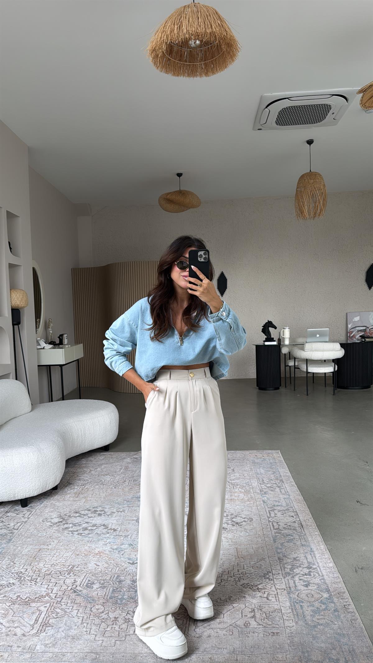 Bej Gold Düğmeli ZR Model Kumaş Pantolon