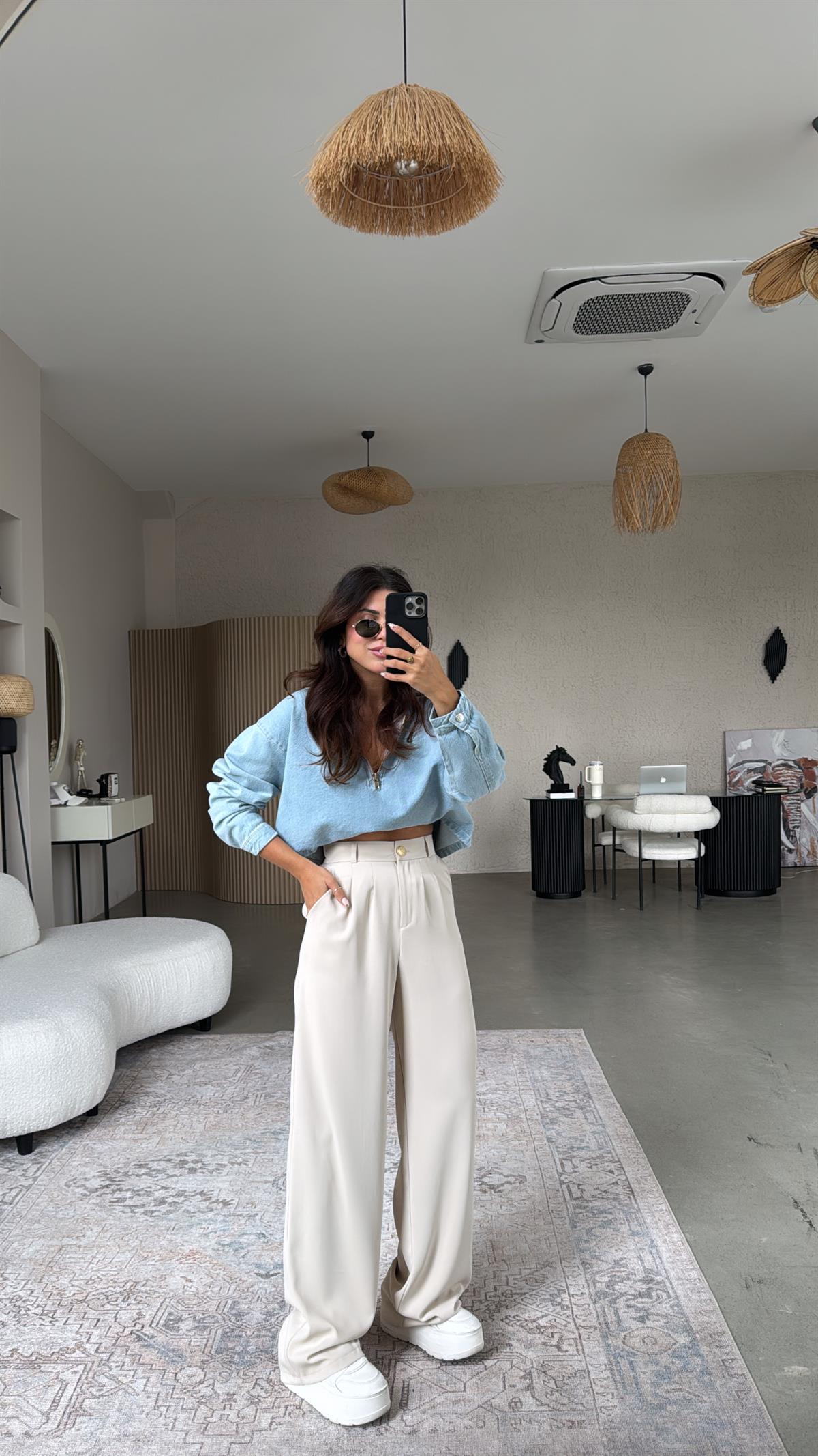 Bej Gold Düğmeli ZR Model Kumaş Pantolon