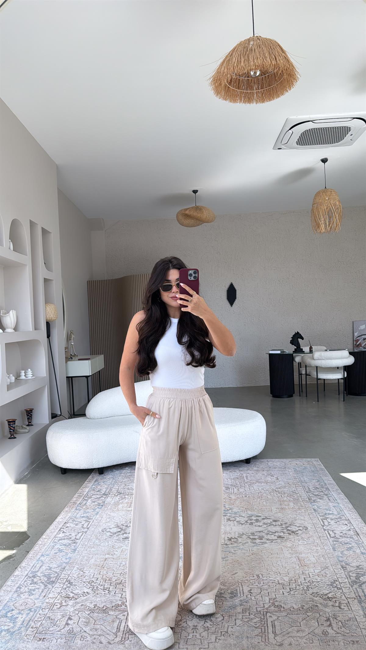 Bej Halka Aksesuarlı Tensel Pantolon