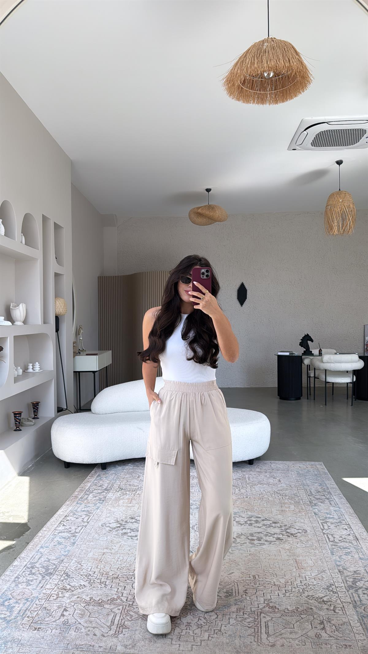 Bej Halka Aksesuarlı Tensel Pantolon