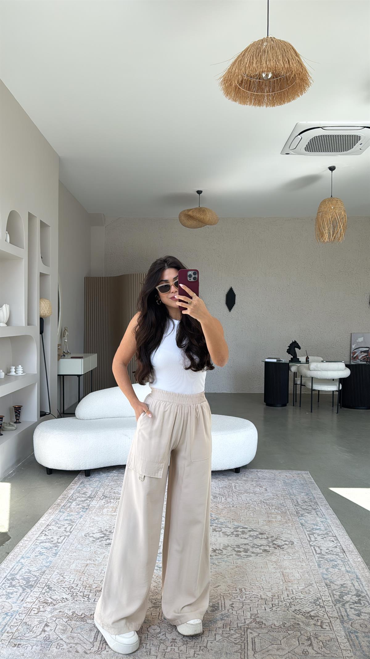 Bej Halka Aksesuarlı Tensel Pantolon