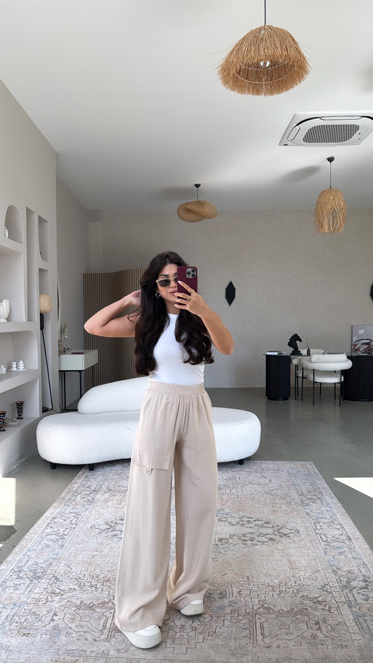 Bej Halka Aksesuarlı Tensel Pantolon