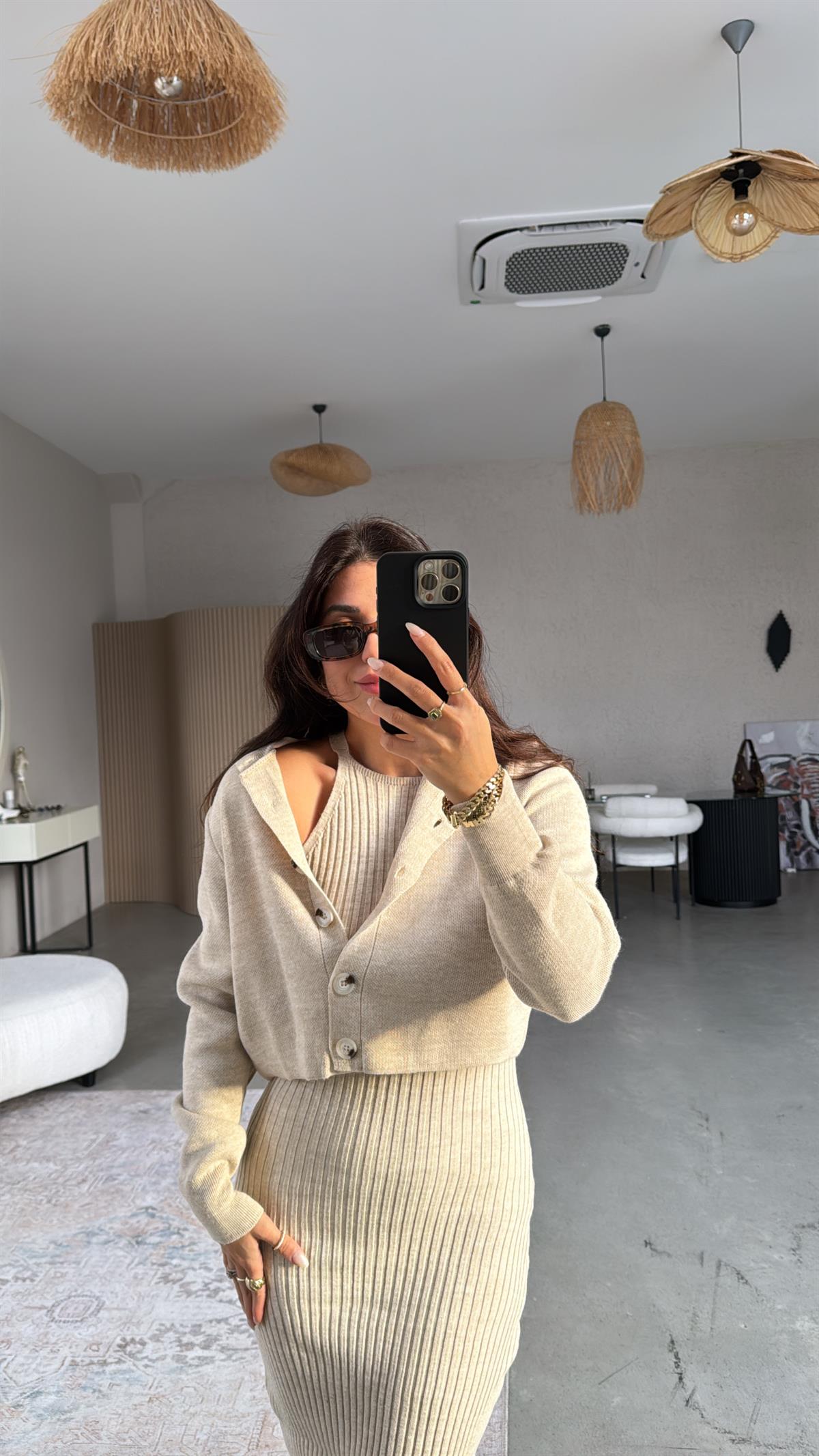 Bej Halter Yaka Elbise Hırka Takım