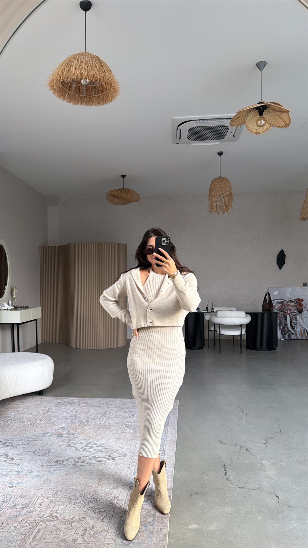 Bej Halter Yaka Elbise Hırka Takım