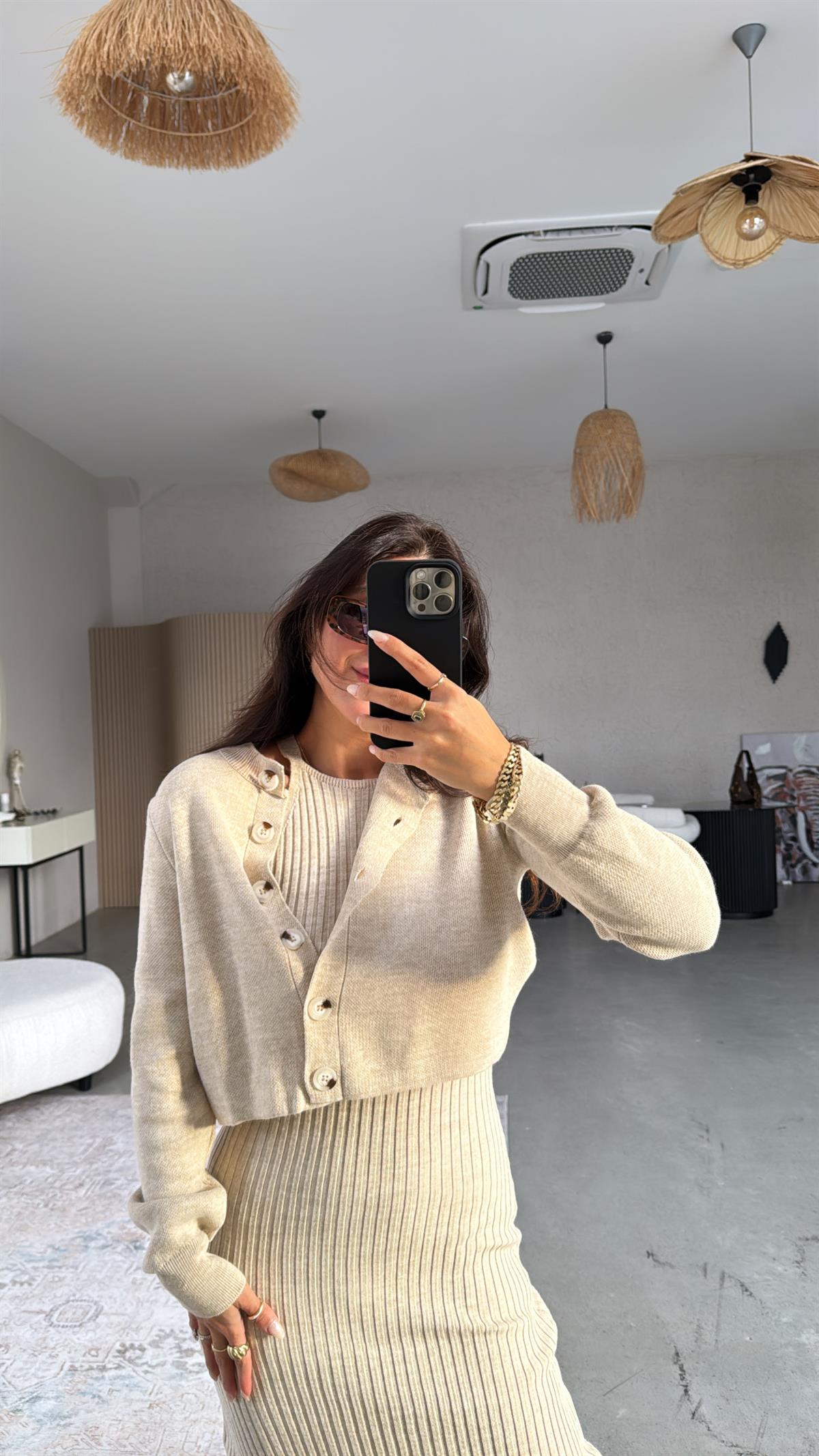 Bej Halter Yaka Elbise Hırka Takım