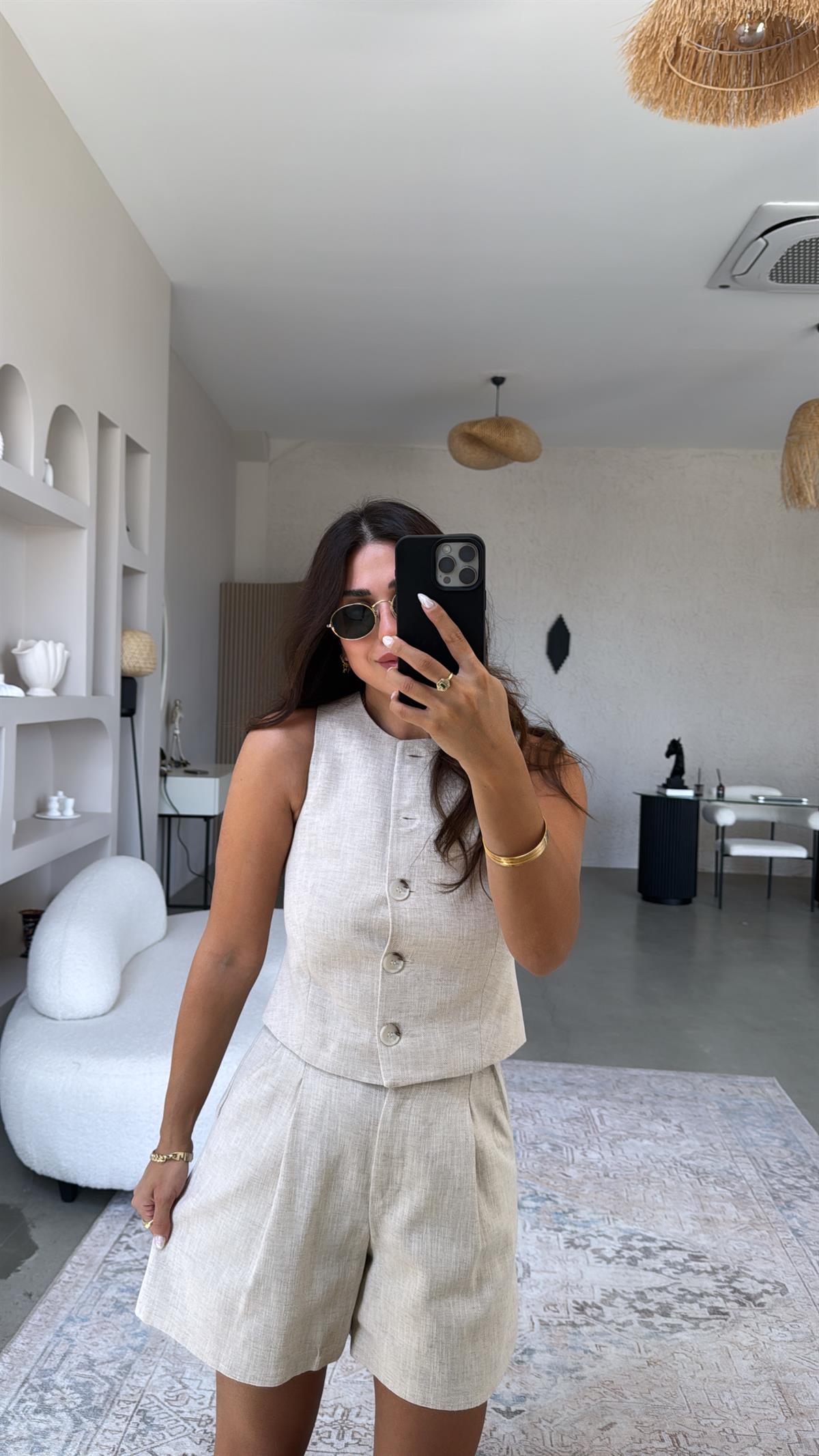 Bej Ham Keten Premium Yelek Şort Takım